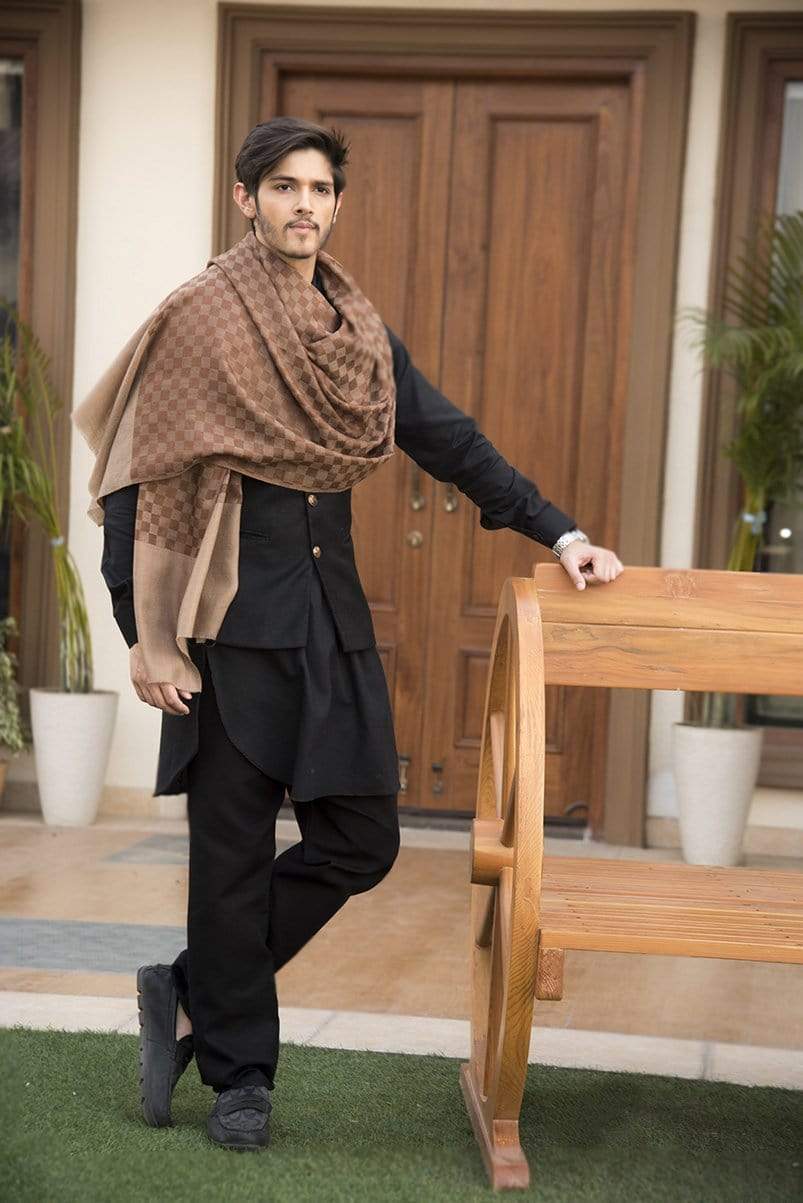 Pashtush India Stole Pashtush Mens Reversible Stole, checkered design Rich Coffee