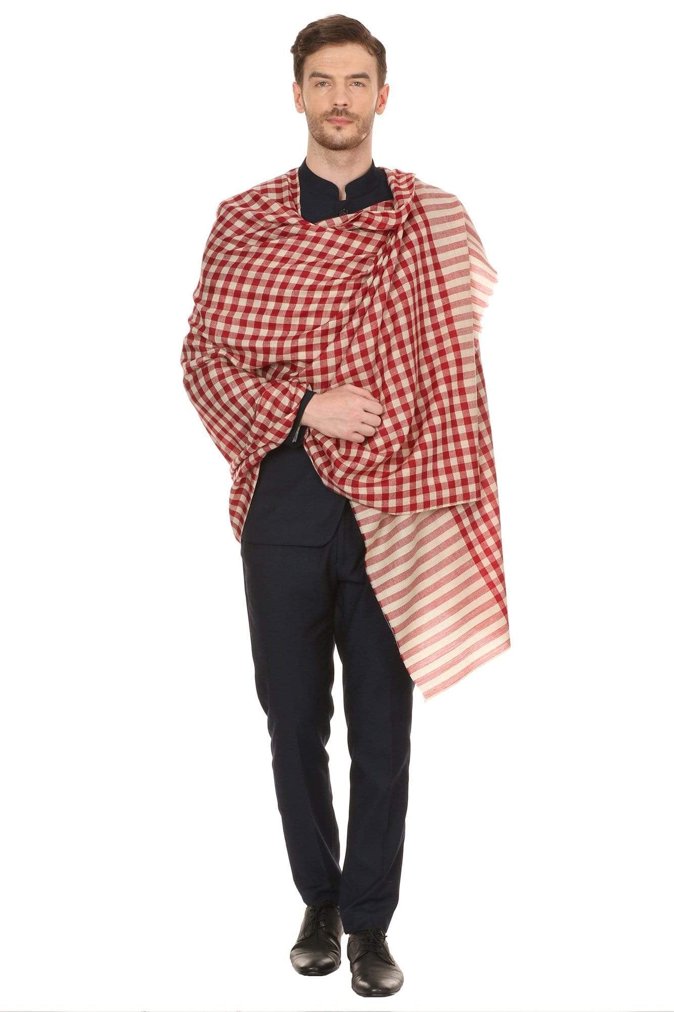 Pashtush Shawl Store Stole Mens Fine Wool Checkered Stole, Extra Soft and Warm - Maroon
