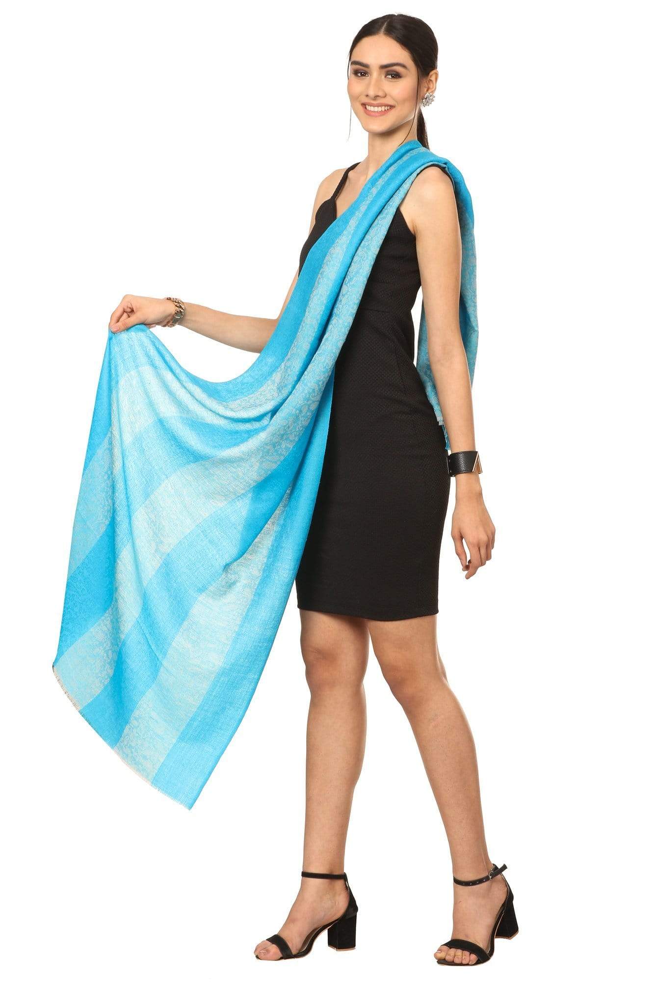 Pashtush India Stole Pashtush Fine Wool Luxury Striped Design Scarf, Stole, Weaving Design - Ferozi