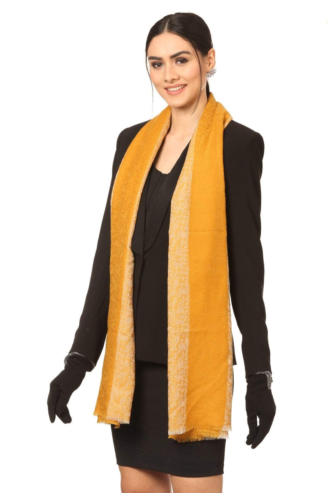 Pashtush India 70x200 Pashtush Fine Wool Luxury Striped Design Scarf, Stole, Weaving Design - Mustard