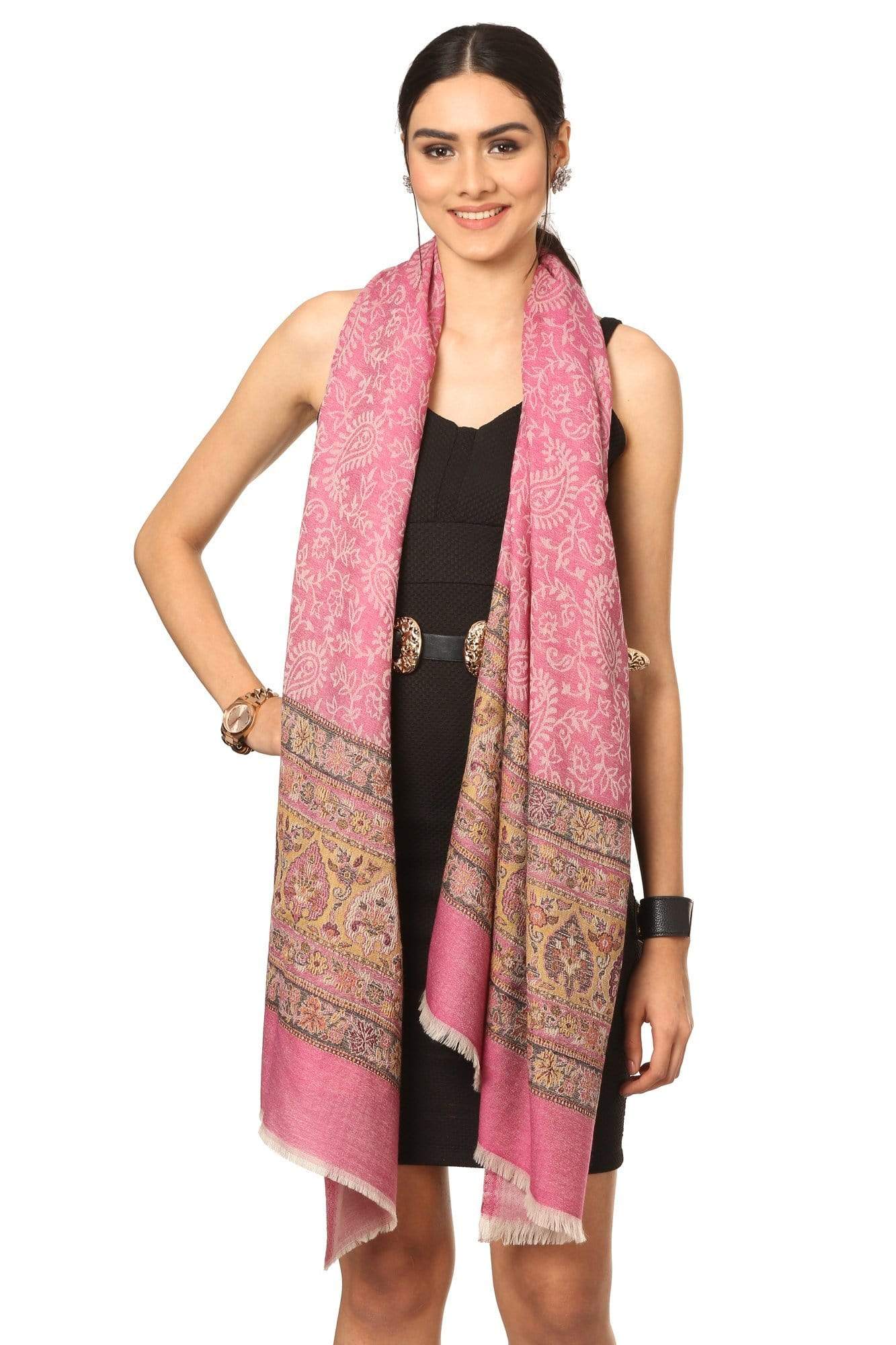 Pashtush India Stole Pashtush Fine Wool Luxury Striped Design Scarf, Stole, Weaving Design - Pink