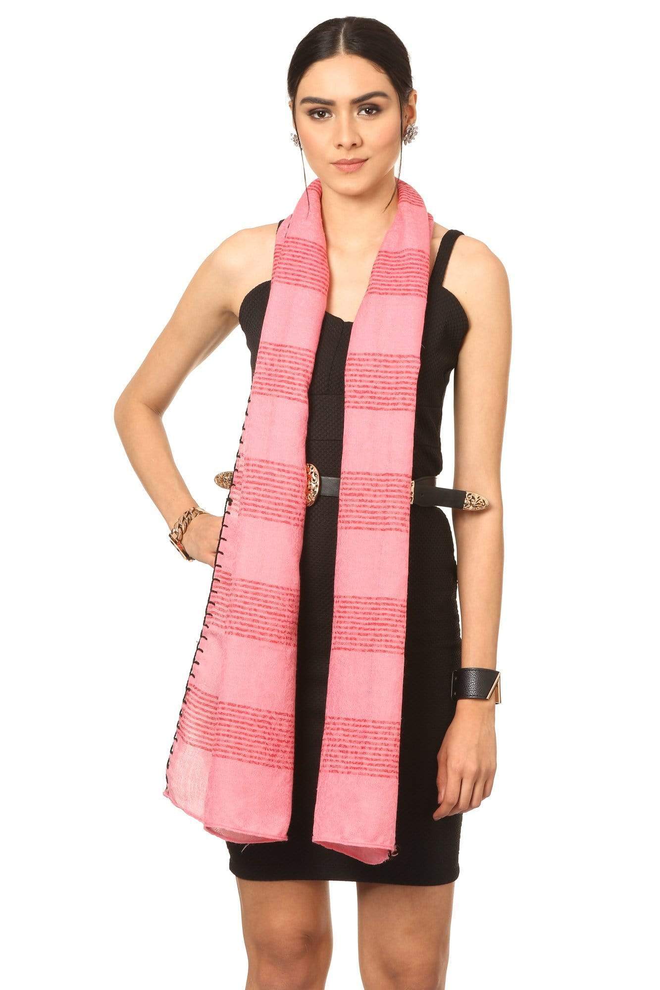 Pashtush India 70x200 Pashtush Fine Wool Luxury Striped Design Scarf, Stole, Weaving Design - Pink