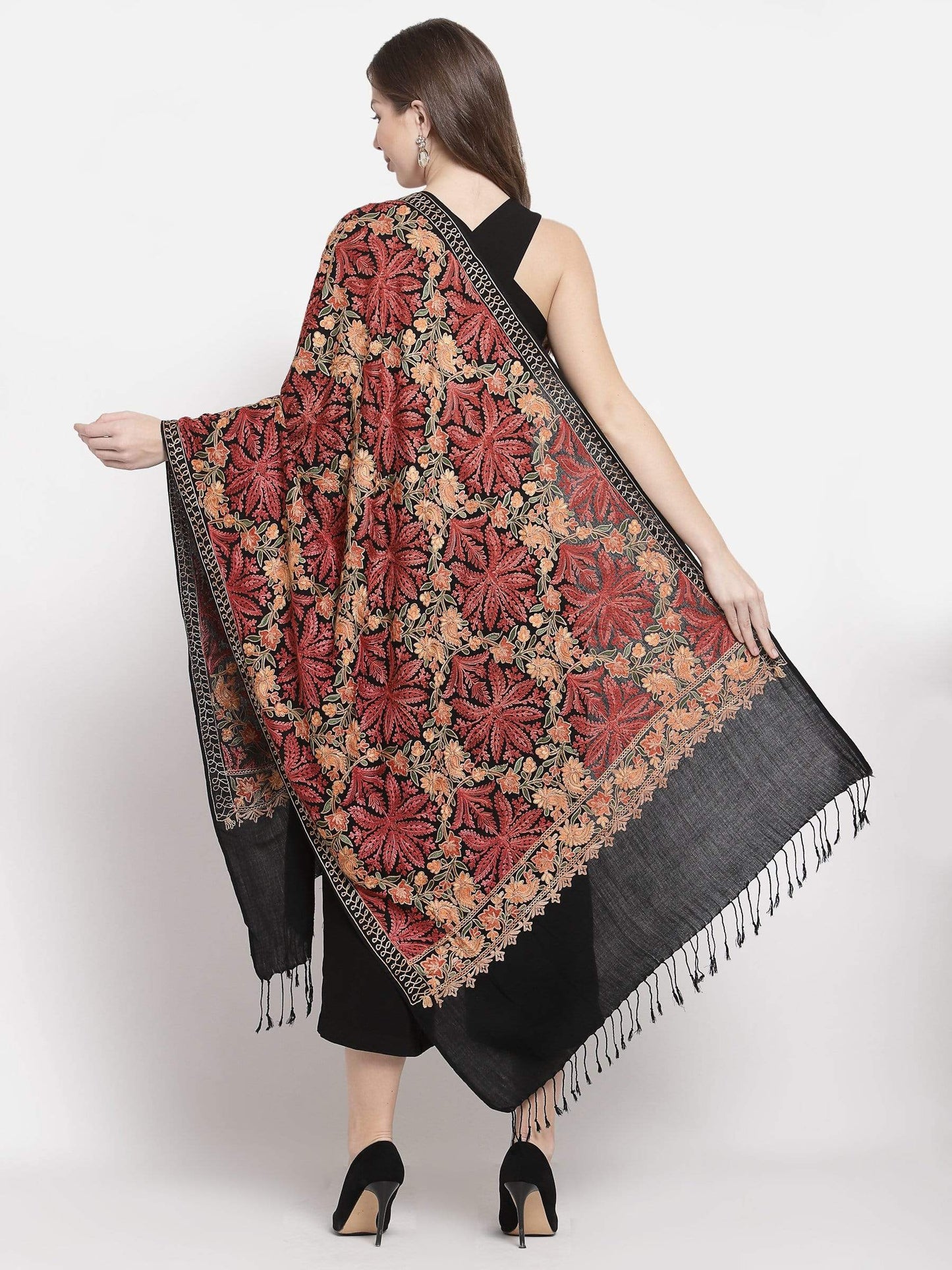 Pashtush India 70x200 Pashtush Kashmiri Aari Embroidery Stole, Fine Wool, Black