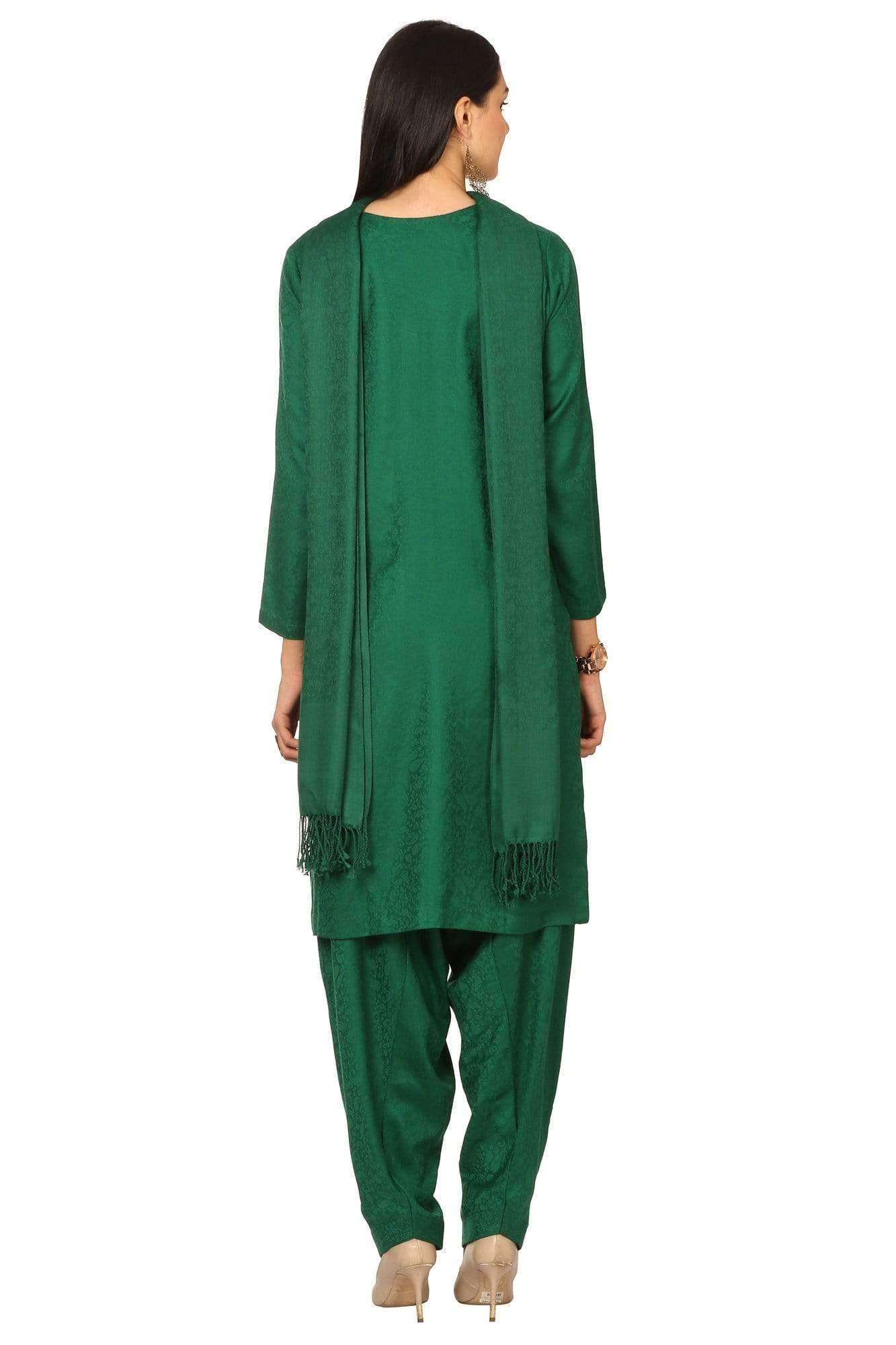 Pashtush India Stole Pashtush Kashmiri Embroidery Suit, Extra Fine Merino Wool, Soft Pashmina Feel Texture. With Self Stole (unstitched) - Bottle Green