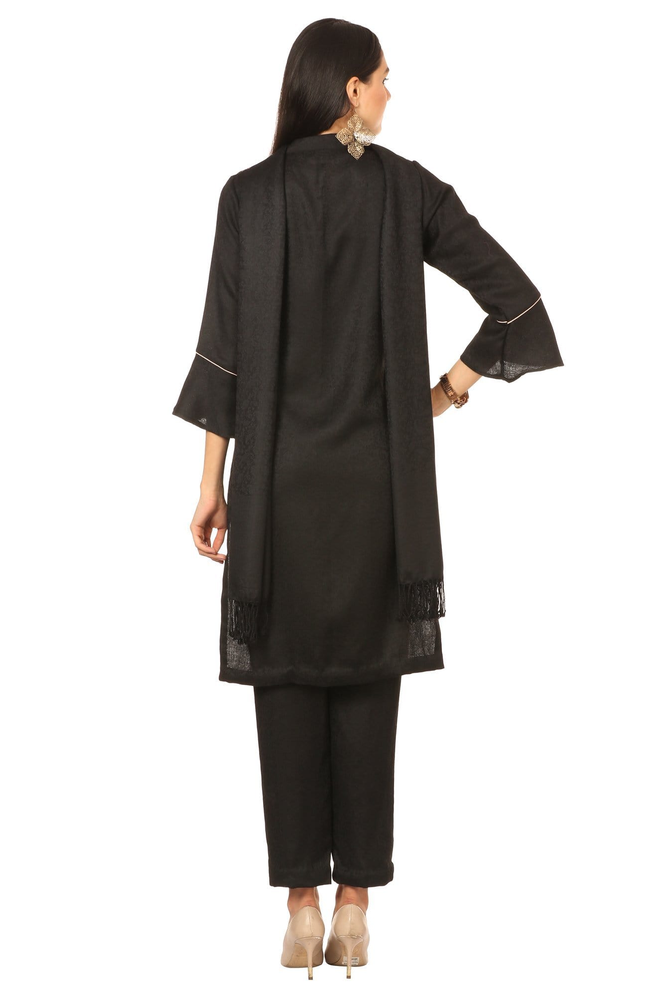 Pashtush India Stole Pashtush Kashmiri Embroidery Suit, Extra Fine Merino Wool, Soft Pashmina Feel Texture. With Self Stole (unstitched) - Rich Black