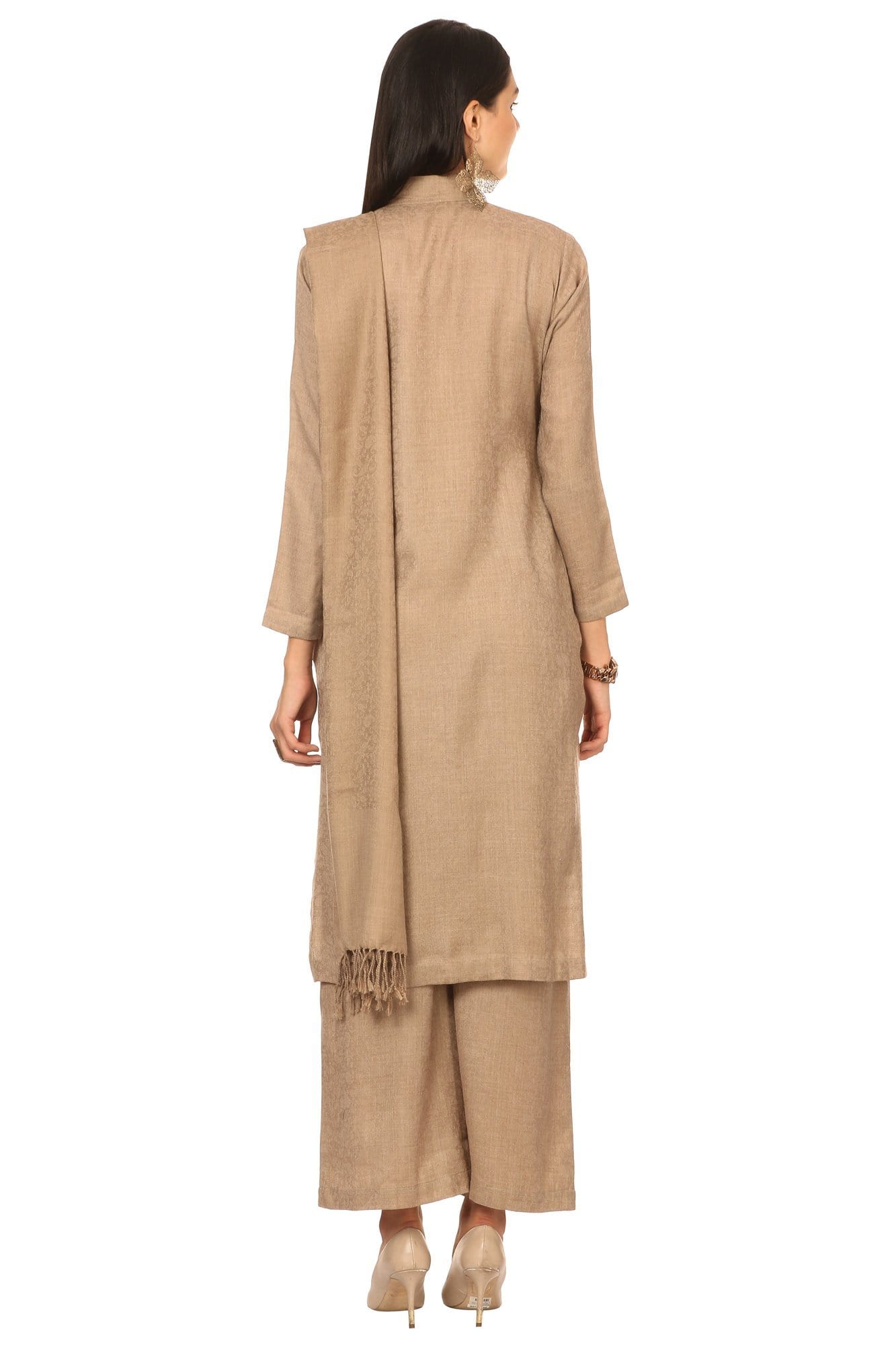 Pashtush India Stole Pashtush Kashmiri Embroidery Suit, Extra Fine Merino Wool, Soft Pashmina Feel Texture. With Self Stole (unstitched) - Sahara