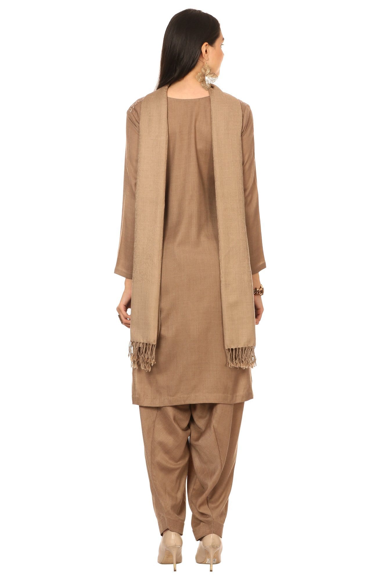 Pashtush India Stole Pashtush Kashmiri Embroidery Suit, Extra Fine Merino Wool, Soft Pashmina Feel Texture. With Self Stole (unstitched) - Tonal beige