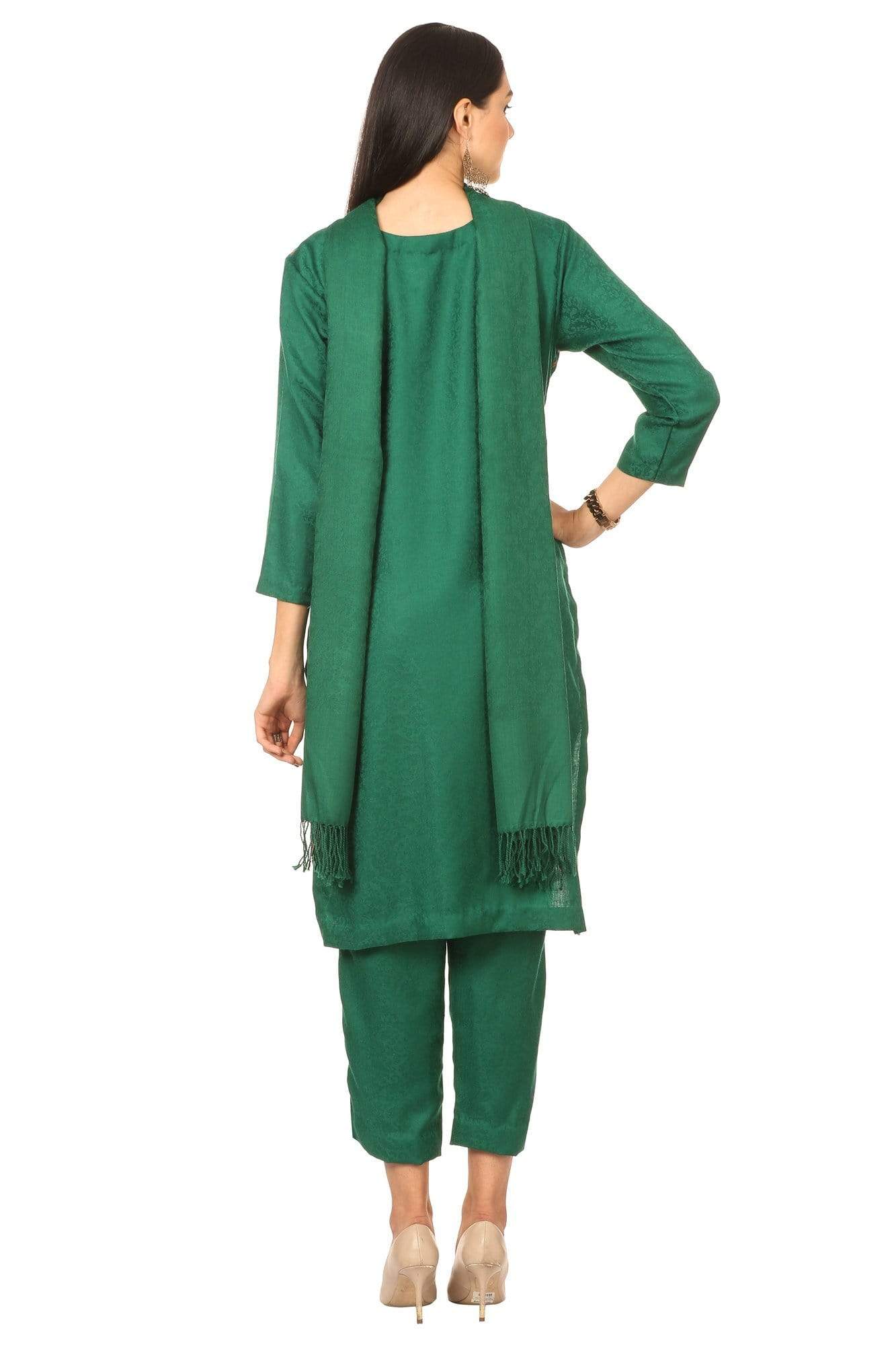 Pashtush India Stole Pashtush Kashmiri Papier Mache Embroidery Suit, Extra Fine Merino Wool, Soft Pashmina Feel Texture. With Self Stole (unstitched) - Bottle Green