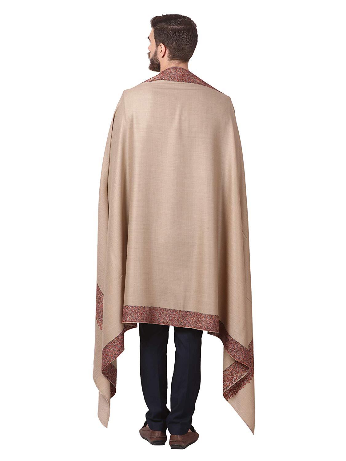 Pashtush India Shawl Pashtush Men's Woolen Hand Made Embroidered Daur Shawl (Taupe, Medium)