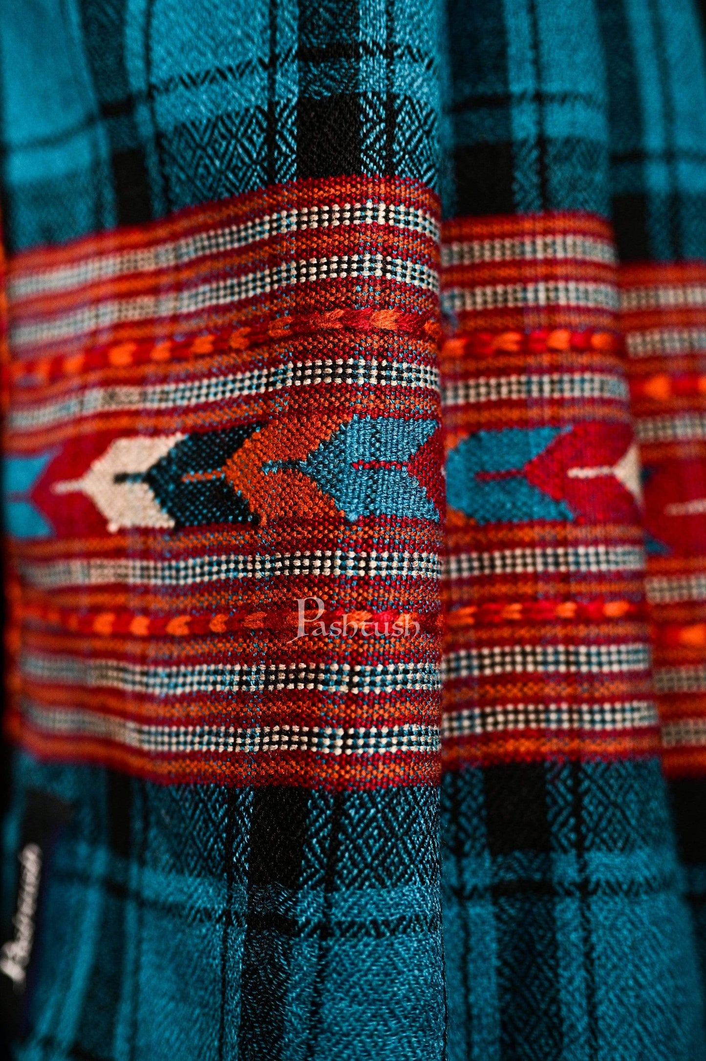Pashtush India 70x200 Pashtush Mens Aztec Wool, Authentic 100% Handwoven Stole, Extra Warm, Blue