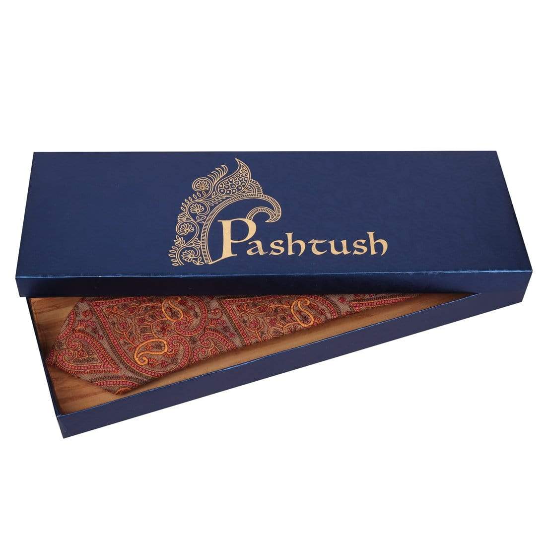 Pashtush Shawl Store Tie Pashtush Mens Embroidered Necktie, Pashmina and Wool, Paisley Design, Beige