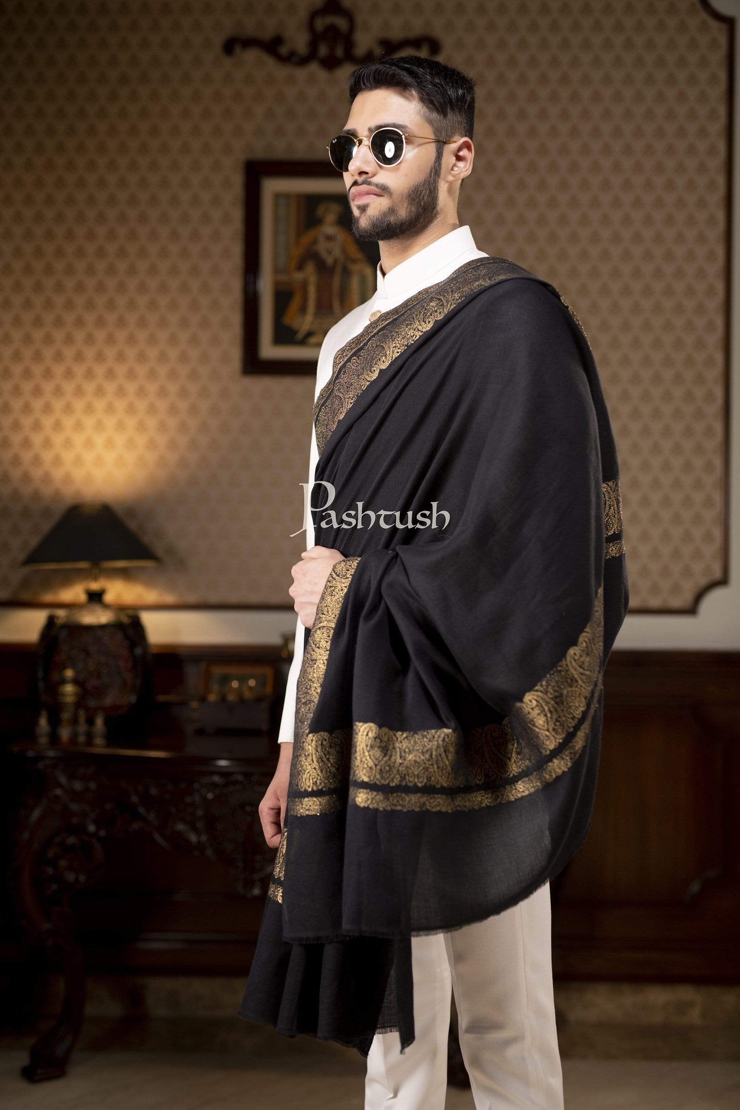 Pashtush India 114x228 Pashtush Mens Extra Fine Count Wool Shawl, Metallic Tilla Border Weave, Full Size