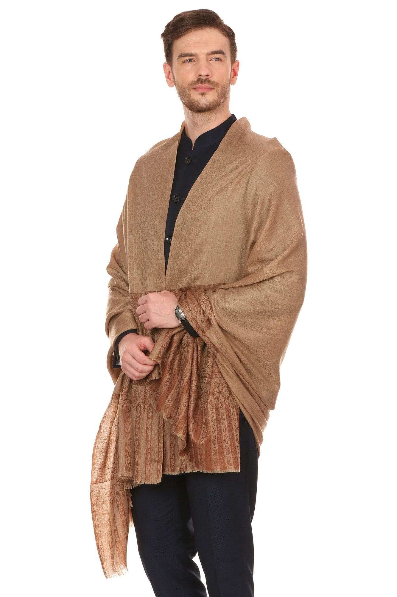 Pashtush Store Stole Pashtush Mens Fine Wool Jacquard Stole, Beige