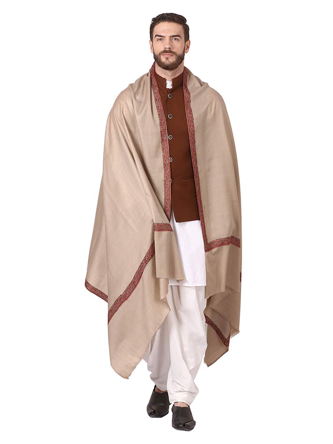 Pashtush Shawl Store Shawl Pashtush Mens Hand Embroidery Woolen Neemdaur Shawl, Lohi (Beige, Medium)