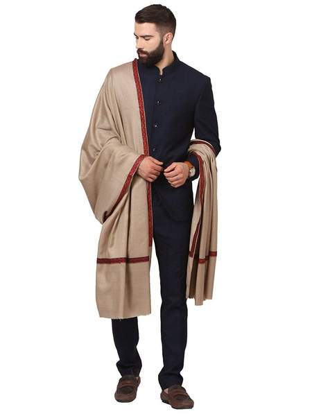 Pashtush India Shawl Pashtush Mens Kashmiri Embroidery Mens shawl, Full Size, Beige