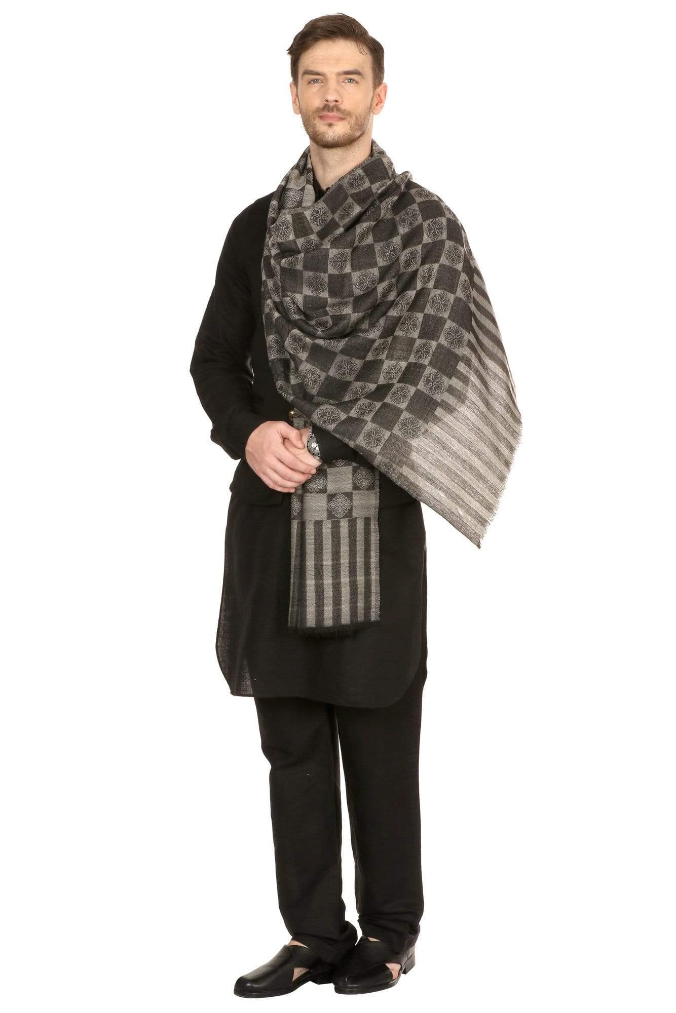 Pashtush India 70x200 Pashtush Mens Reversible Stole, checkered design - Black