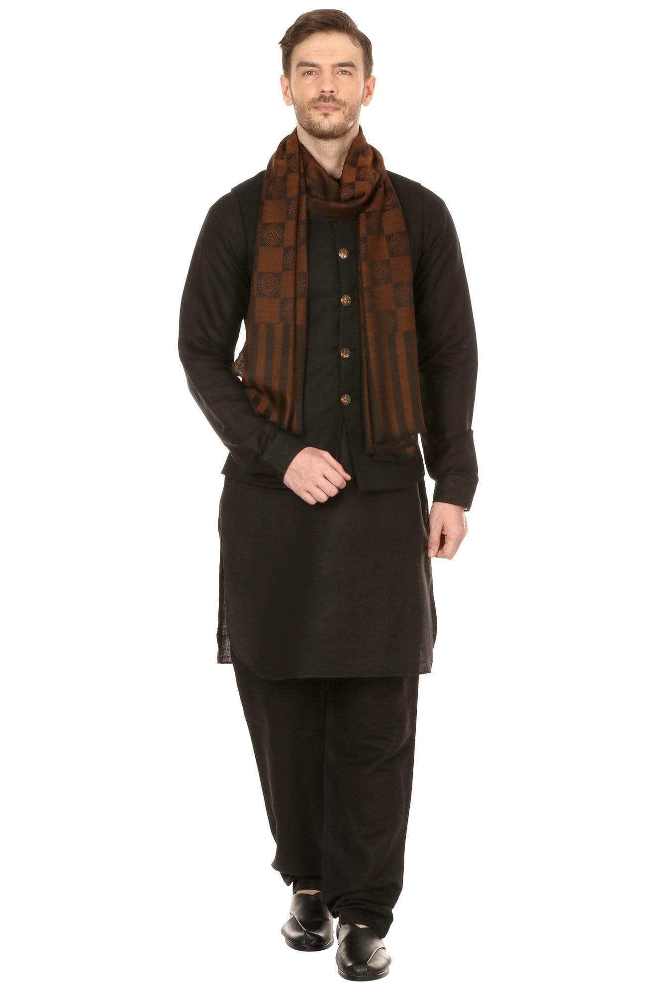 Pashtush India 70x200 Pashtush Mens Reversible Stole, checkered design - Espresso