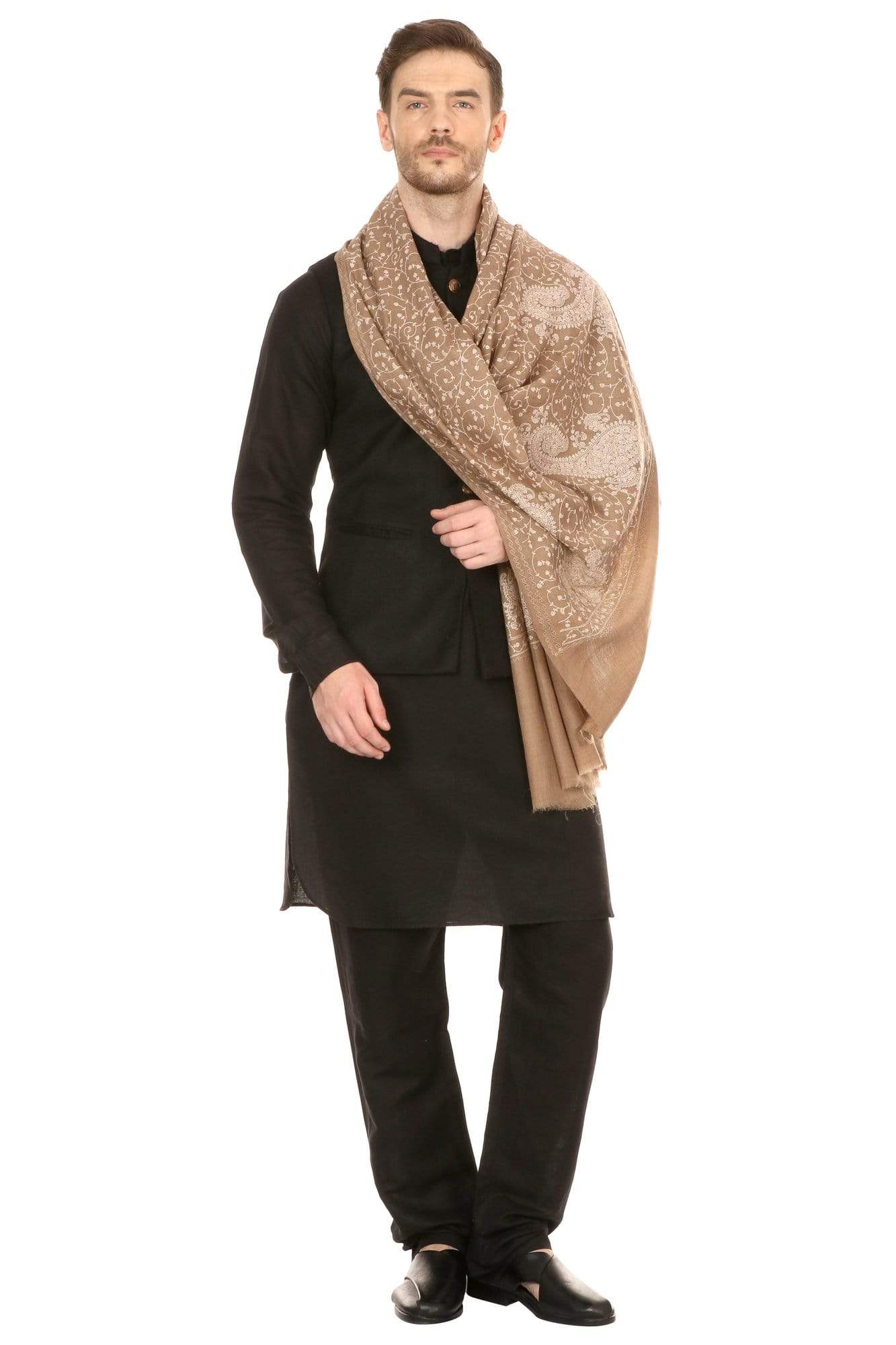 Pashtush Shawl Store Stole Pashtush Mens Tone on Tone Embroidery Stole - Natural Beige