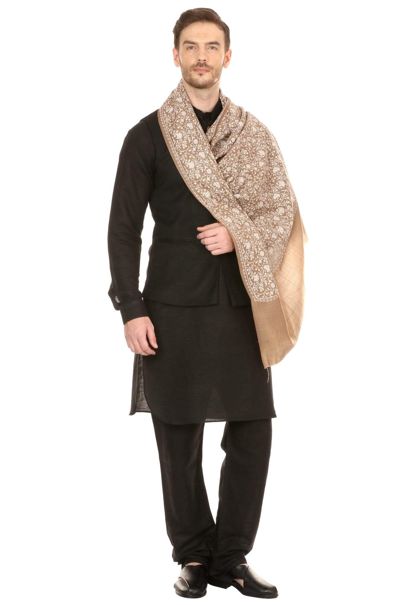 Pashtush Shawl Store Stole Pashtush Mens Tone on Tone Embroidery Stole - Taupe