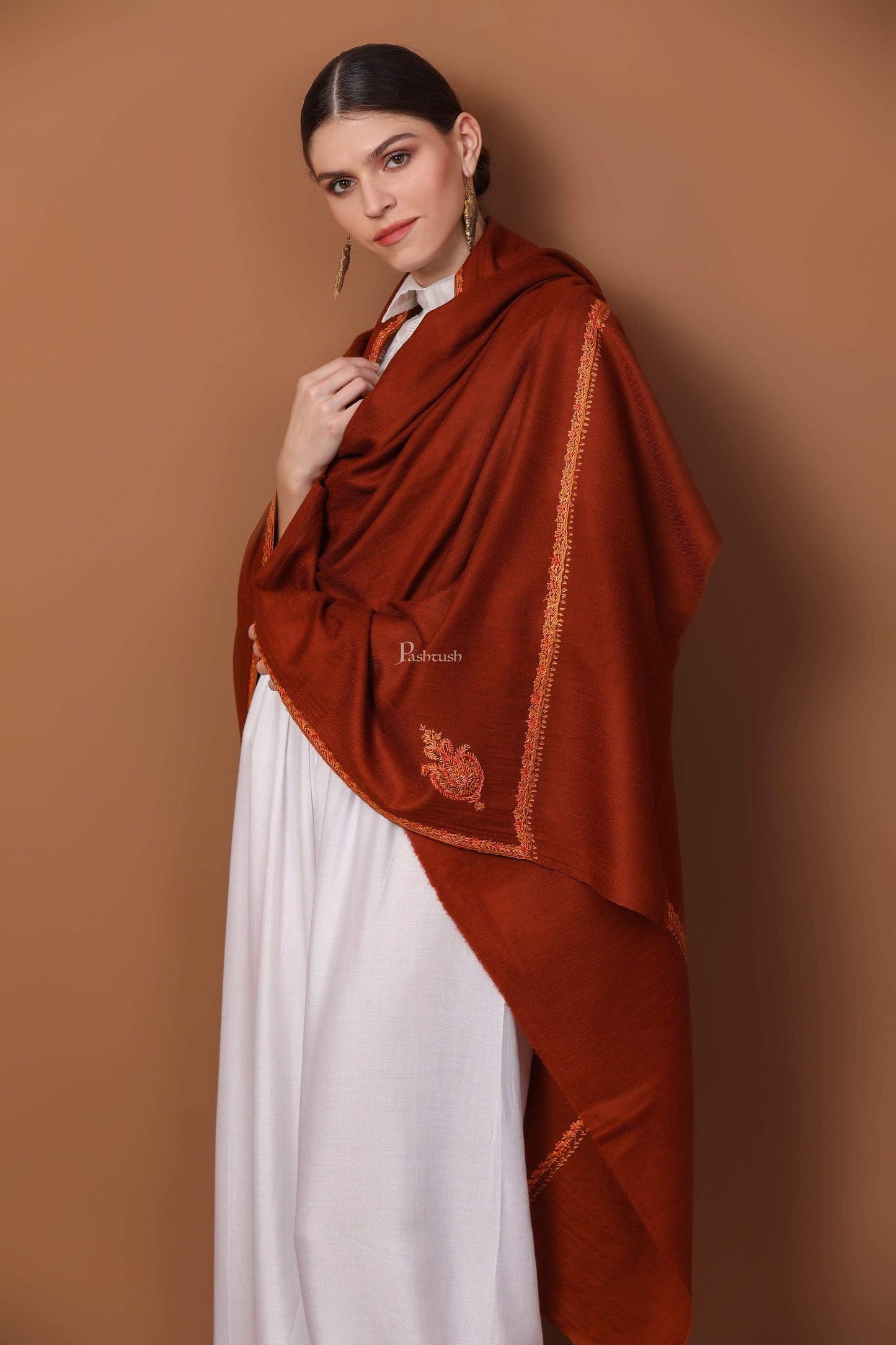 Pashtush India 100x200 Pashtush Women's 100% Hand Embroidery Shawl, With Kingri FineEmbroidery Borderwork - Coffee