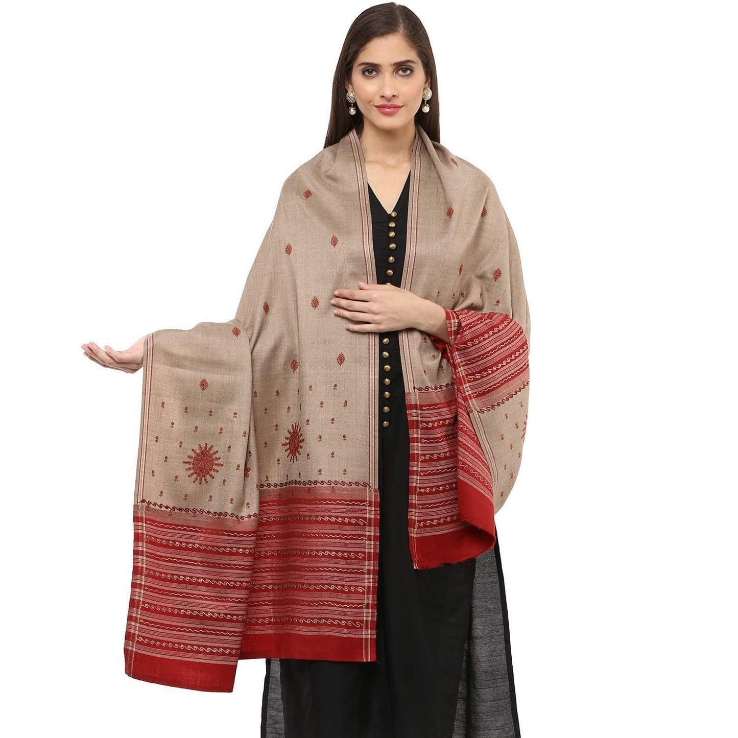 Pashtush Store Shawl Pashtush Women's Embroidered Wool shawl beige with Maroon palla