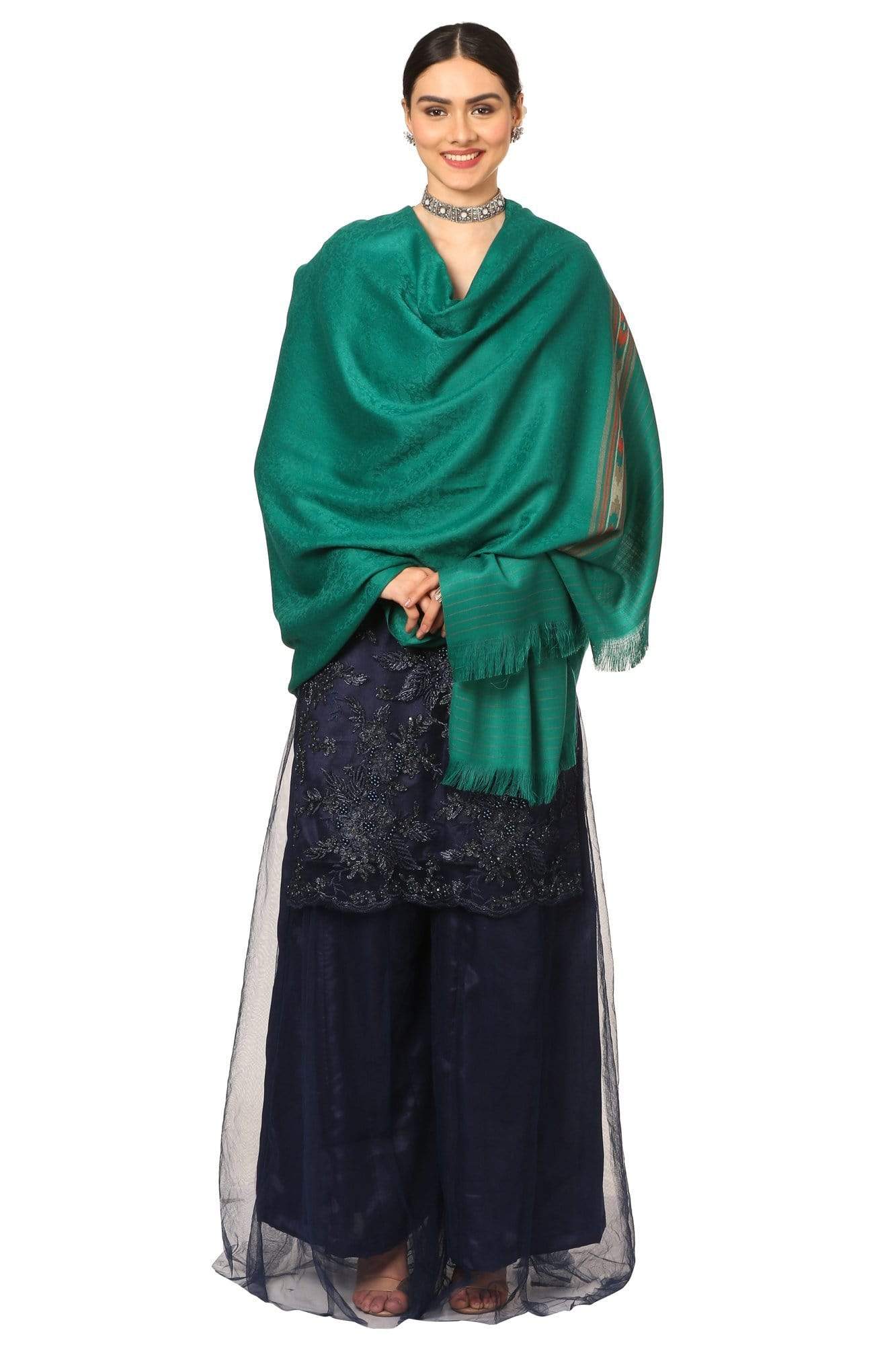 Pashtush India Shawl Pashtush Women's Fine Wool Shawl, Soft and Warm, Kullu Design, Jacquard Weave - Bottle Green