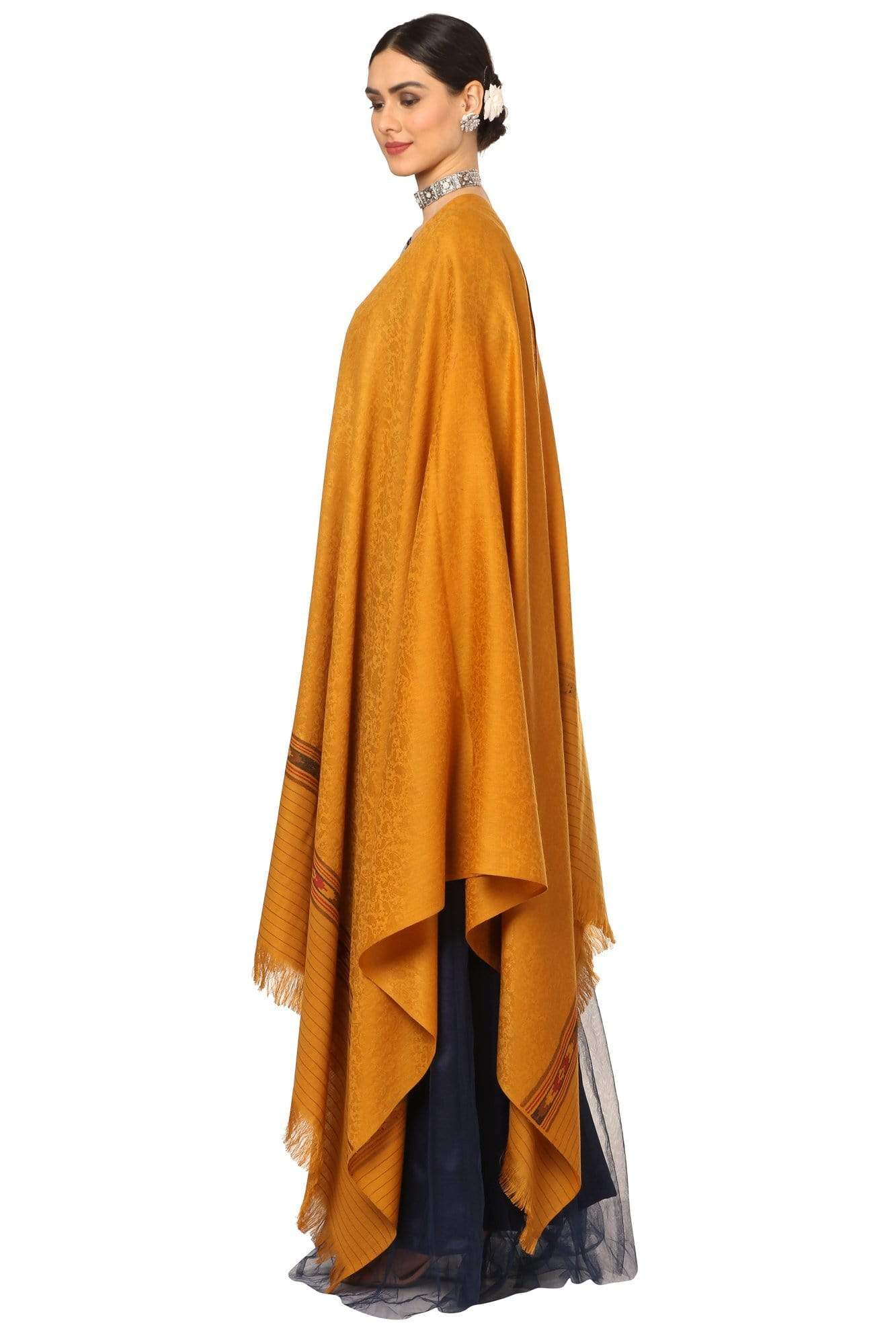 Pashtush India Shawl Pashtush Women's Fine Wool Shawl, Soft and Warm, Kullu Design, Jacquard Weave - Palla Mustard