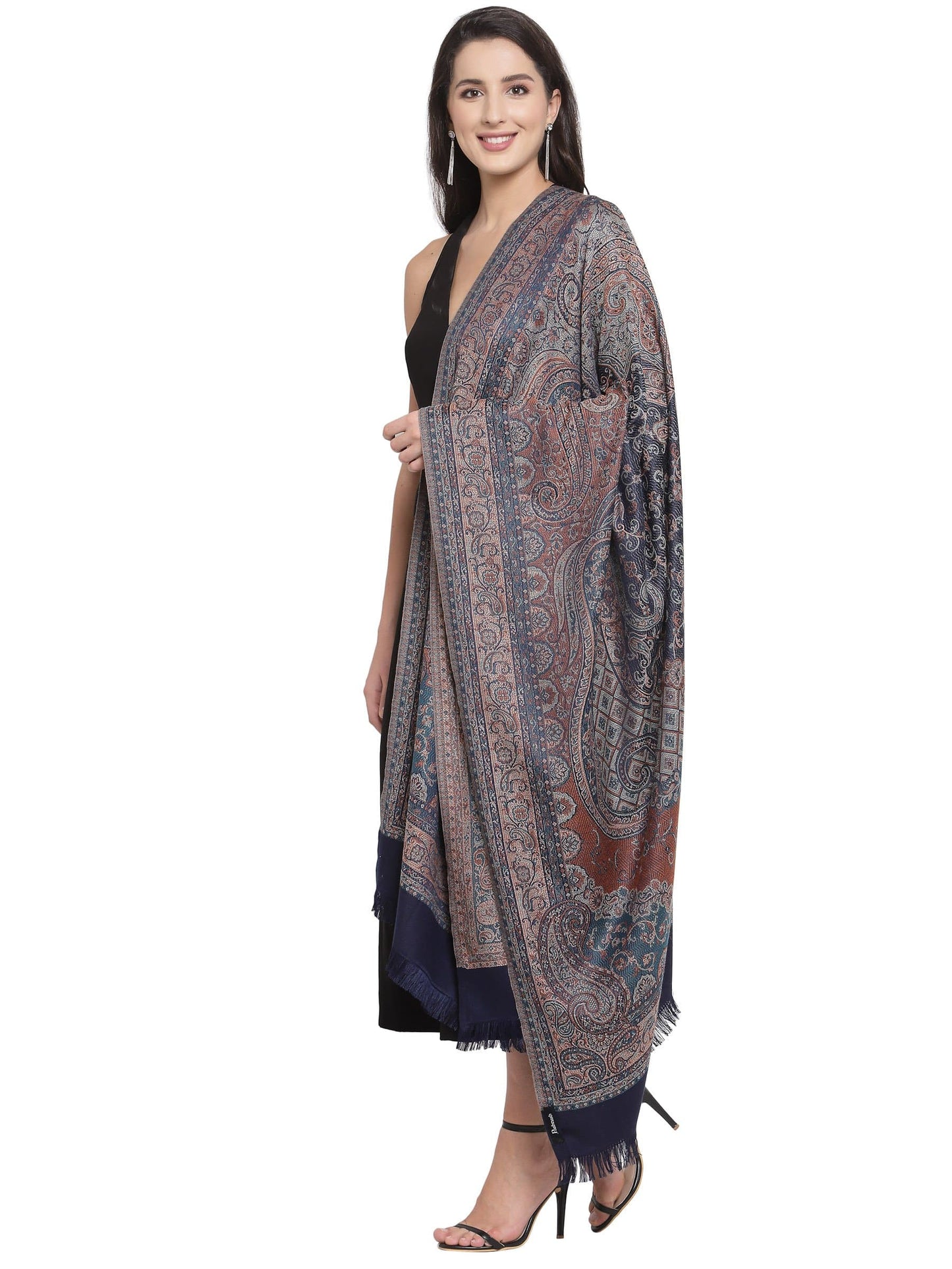 Pashtush India 100x200 Pashtush Women's Jamawar Shawl, Navy blue