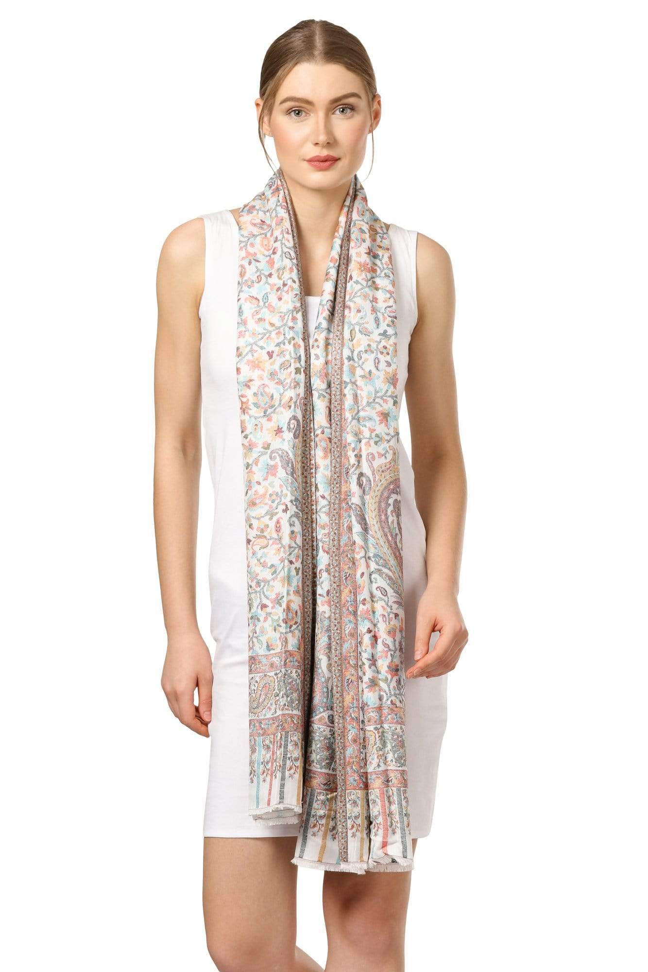 Pashtush India 70x200 Pashtush Women's Kaani Design, Soft Bamboo Scarf, Stoles, Wraps (Ivory)