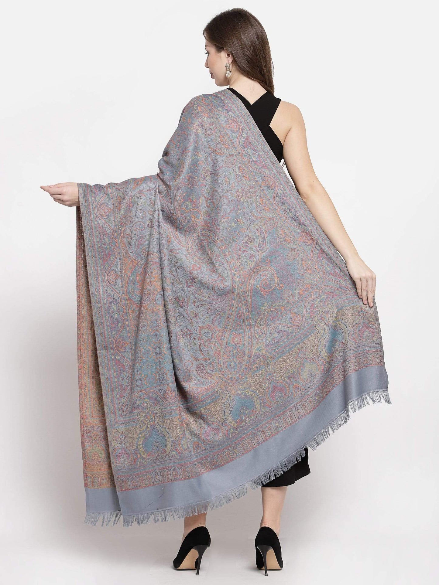 Pashtush India 100x200 Pashtush Women's Kashmiri Jamawar Shawl, Slate Grey