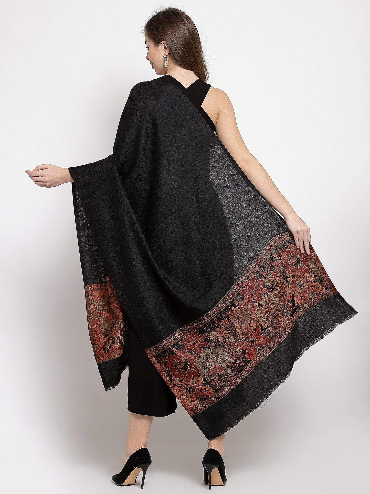 Pashtush India 70x200 Pashtush Women's Silk-Wool Reversible Floral Scarf, Soft and Warm Black