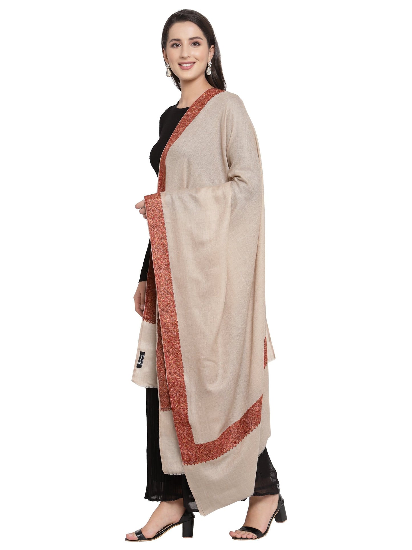 Pashtush India 100x200 Pashtush Women's Wool Shawl embroidered border, Beige