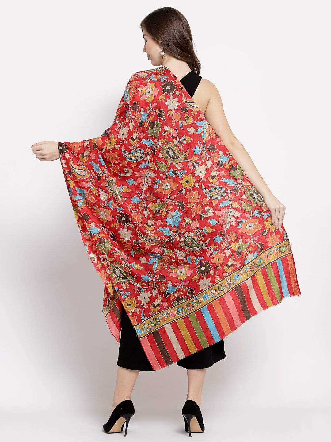 Pashtush India 70x200 Pashtush Womens 100% Hand Embroidered Kalamkari Stole, Fine Wool, Scarlet Red