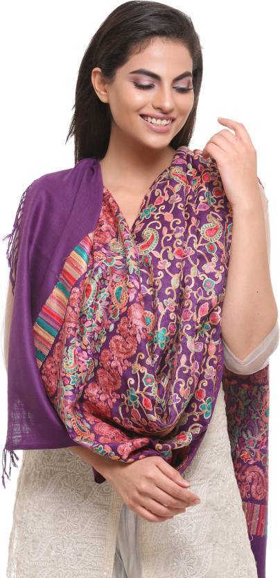 Pashtush India Stole Pashtush Womens Aari Embroidery Pashmina Jaal Stole Purple