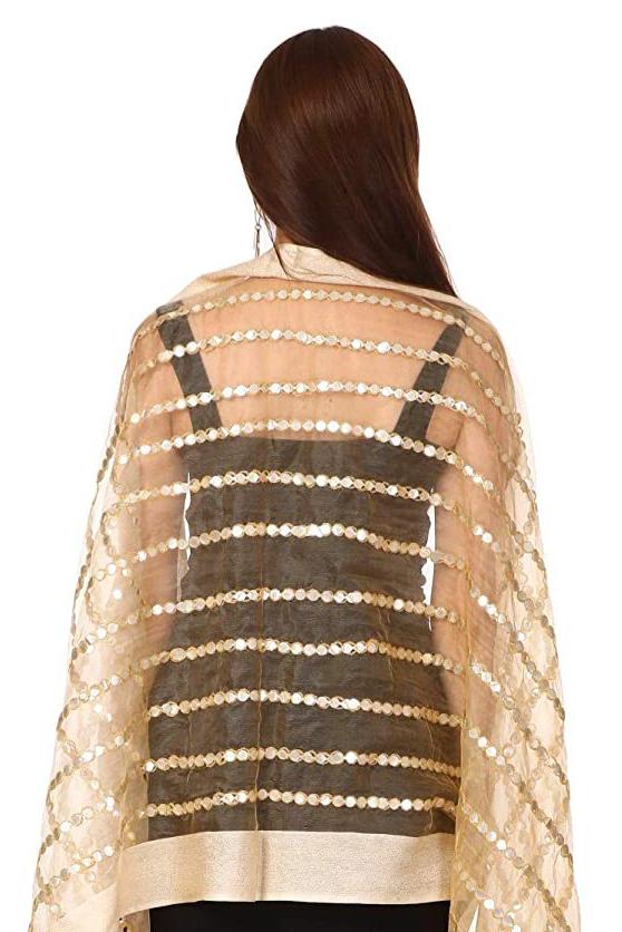 Pashtush Womens Chiffon Handmade Dupatta With Sequin And Mirror Work Embroidery, Light Weight, Blue, Free Size