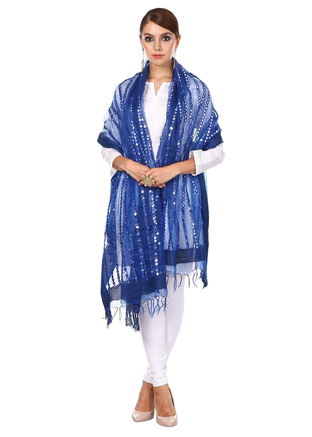 Pashtush Shawl Store Dupatta Pashtush Womens Chiffon Handmade Dupatta with Sequin and Mirror Work Embroidery, Light Weight, Blue, Free Size