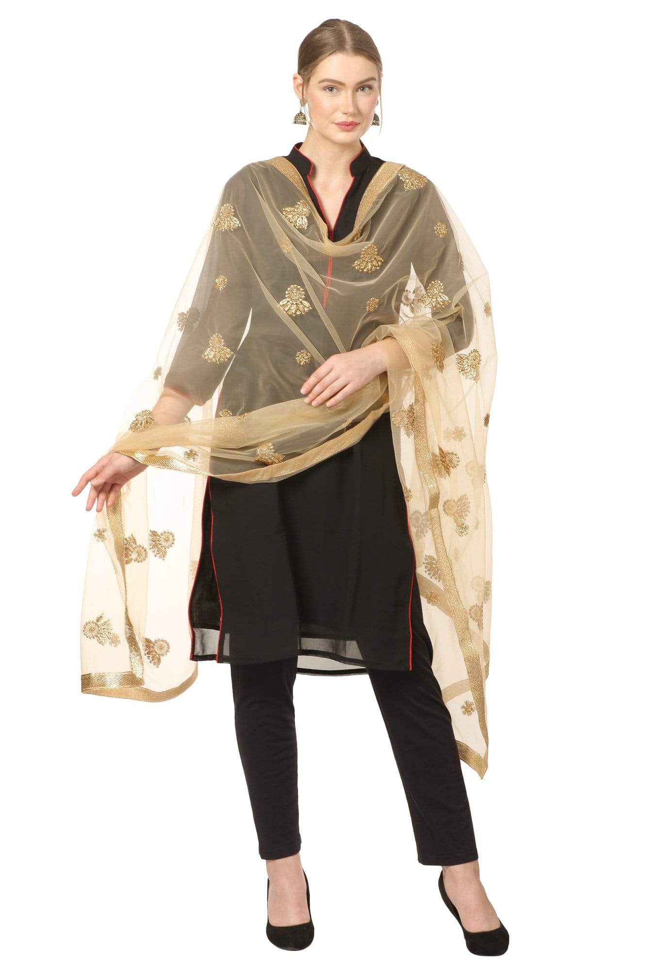 Pashtush Shawl Store Dupatta Pashtush Womens Chiffon net Dupatta with embellished flowers Embroidery, Light Weight Gold
