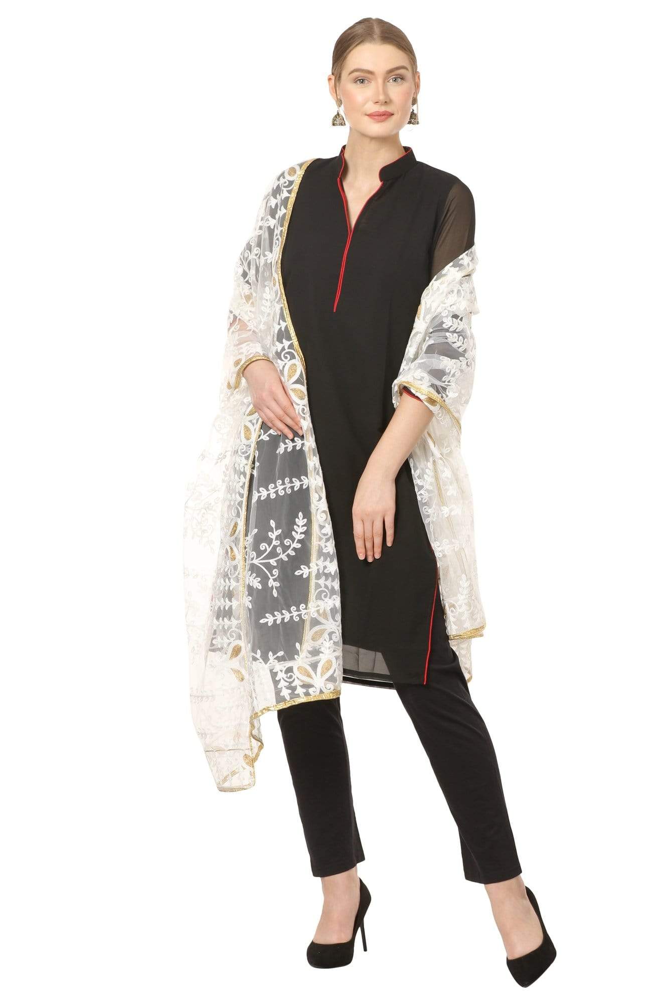 Pashtush Shawl Store Dupatta Pashtush Womens Chiffon net Dupatta with embellished flowers Embroidery, Light Weight Ivory white