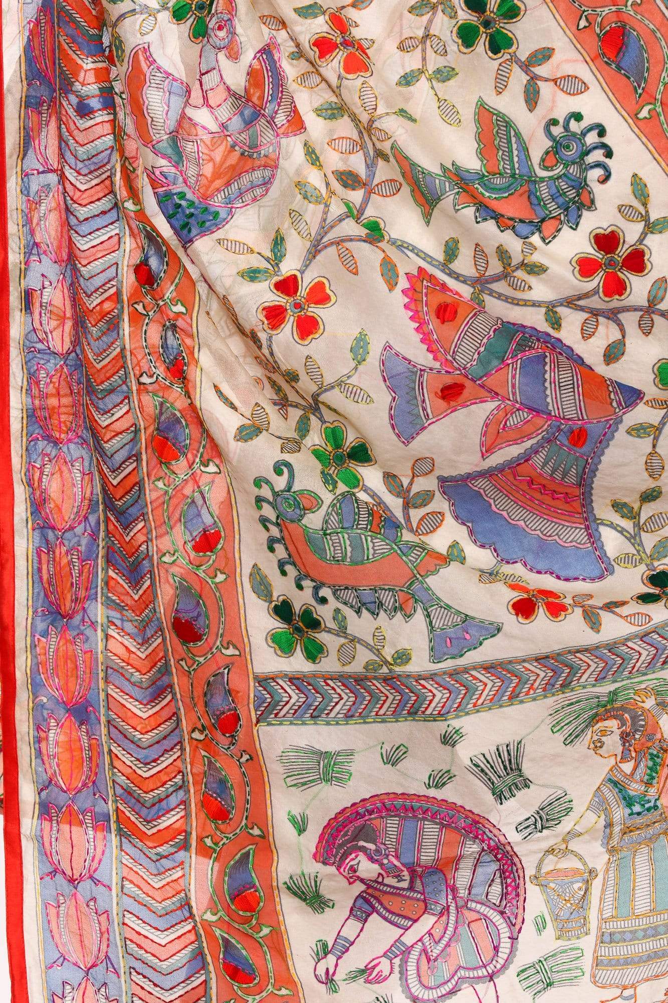 Pashtush Shawl Store Dupatta Pashtush Womens Dupatta, 100% Hand Embroidered Kantha Needlework Work, Free Size, Multi-coloured