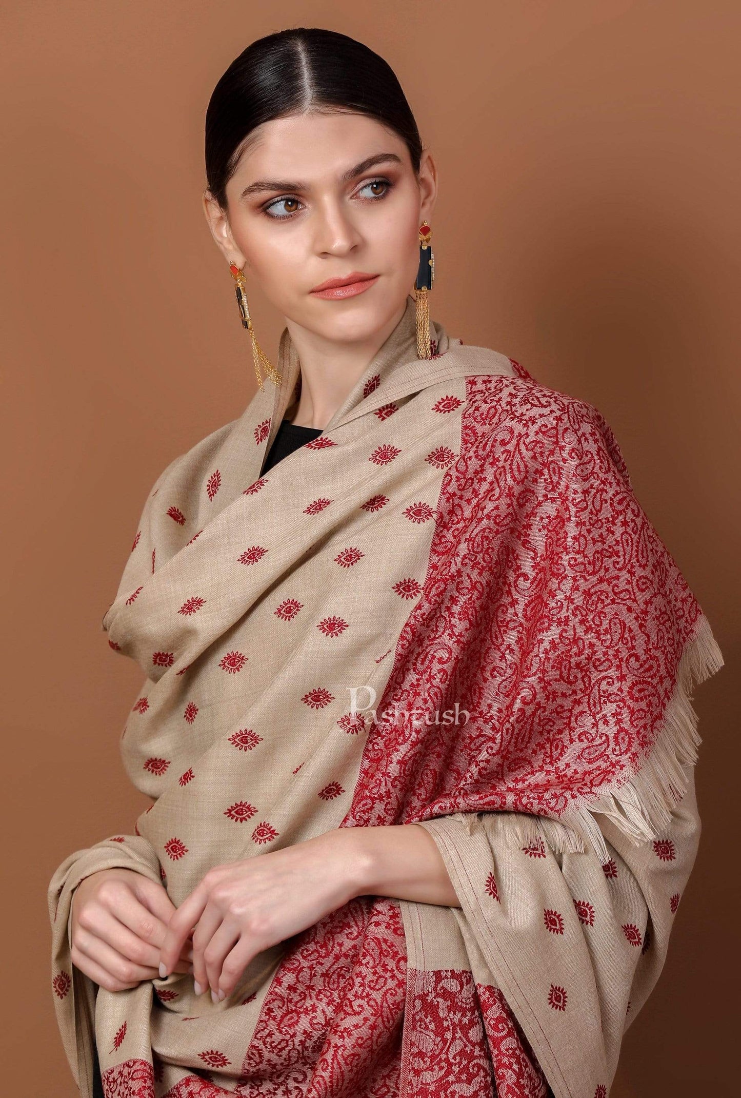Pashtush India 100x200 Pashtush Womens Embroidery Shawl, Light Weight and Warm, Beige and Merlot