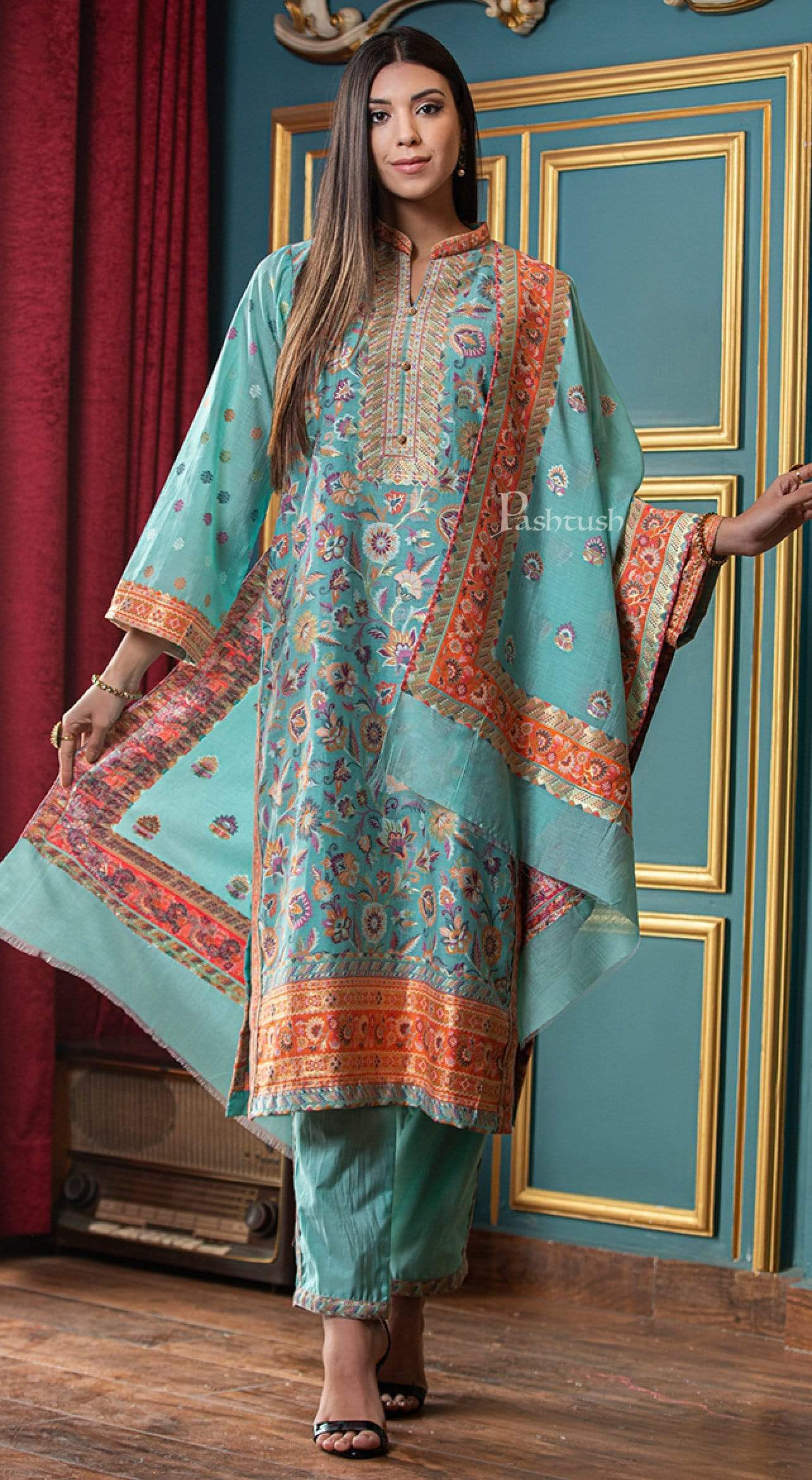 Pashtush India suit Pashtush Womens Ethnic Weave Cotton-Silk Unstitched Suit, Floral Blue