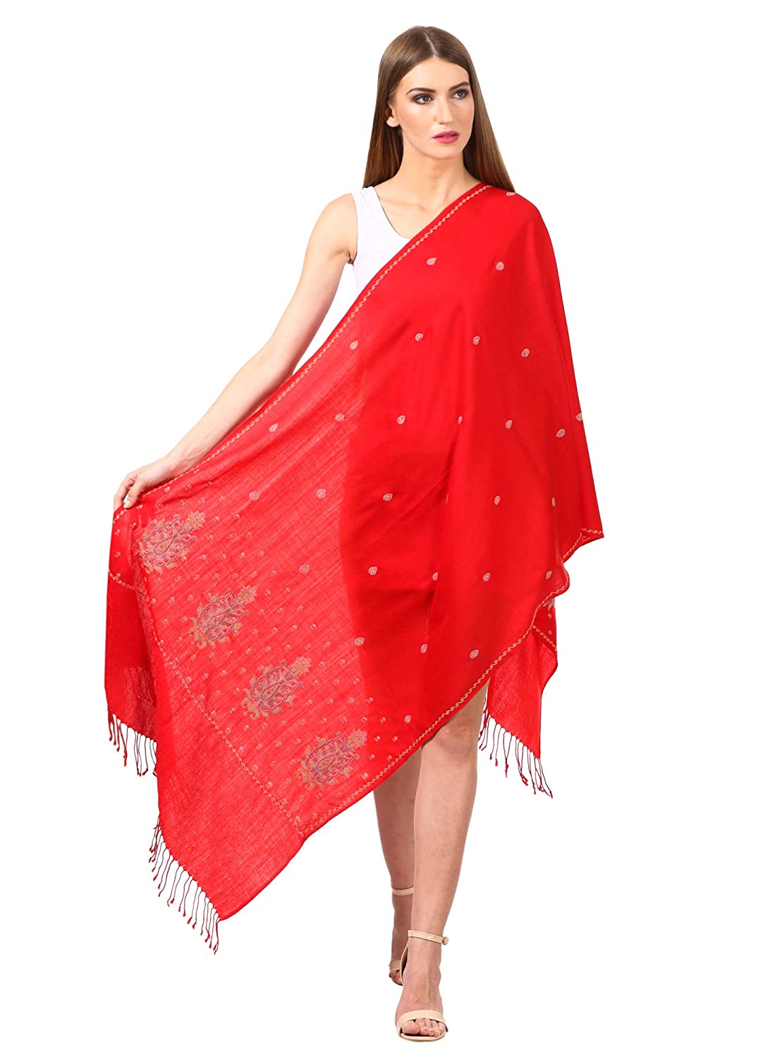 Pashtush India Stole Pashtush Womens Fine Wool Kashmiri Embroidery Stole, red