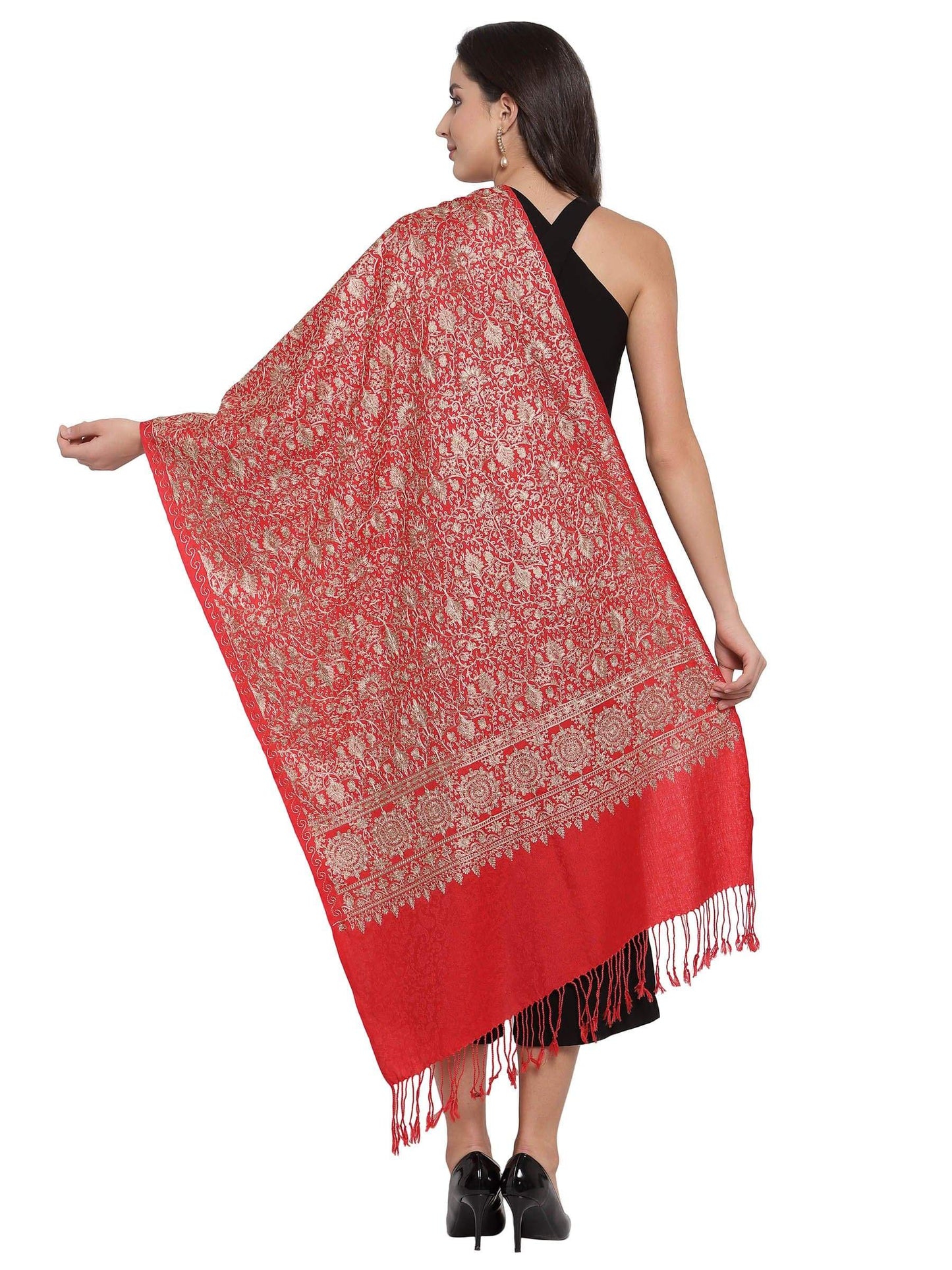 Pashtush India 70x200 Pashtush Womens Fine Wool Stole With Nalki Embroidery, Red