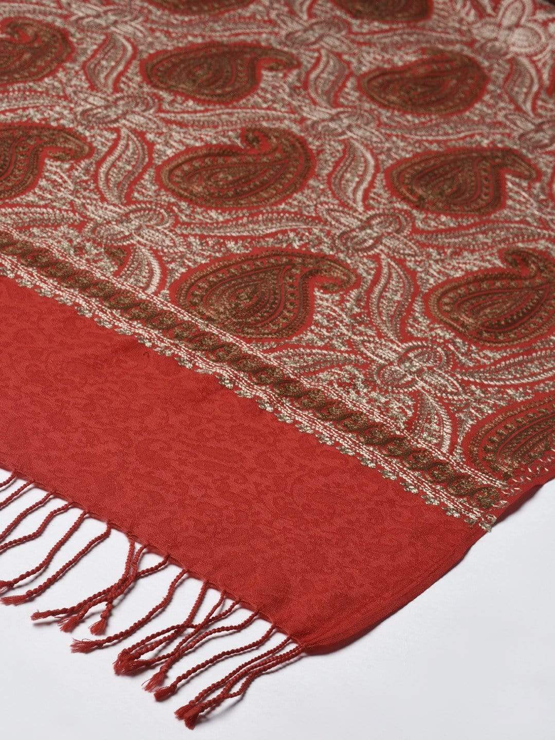 Pashtush India 70x200 Pashtush Womens Fine Wool Stole, With Silky Nalki Embroidery, Self Weave, Crimson Red