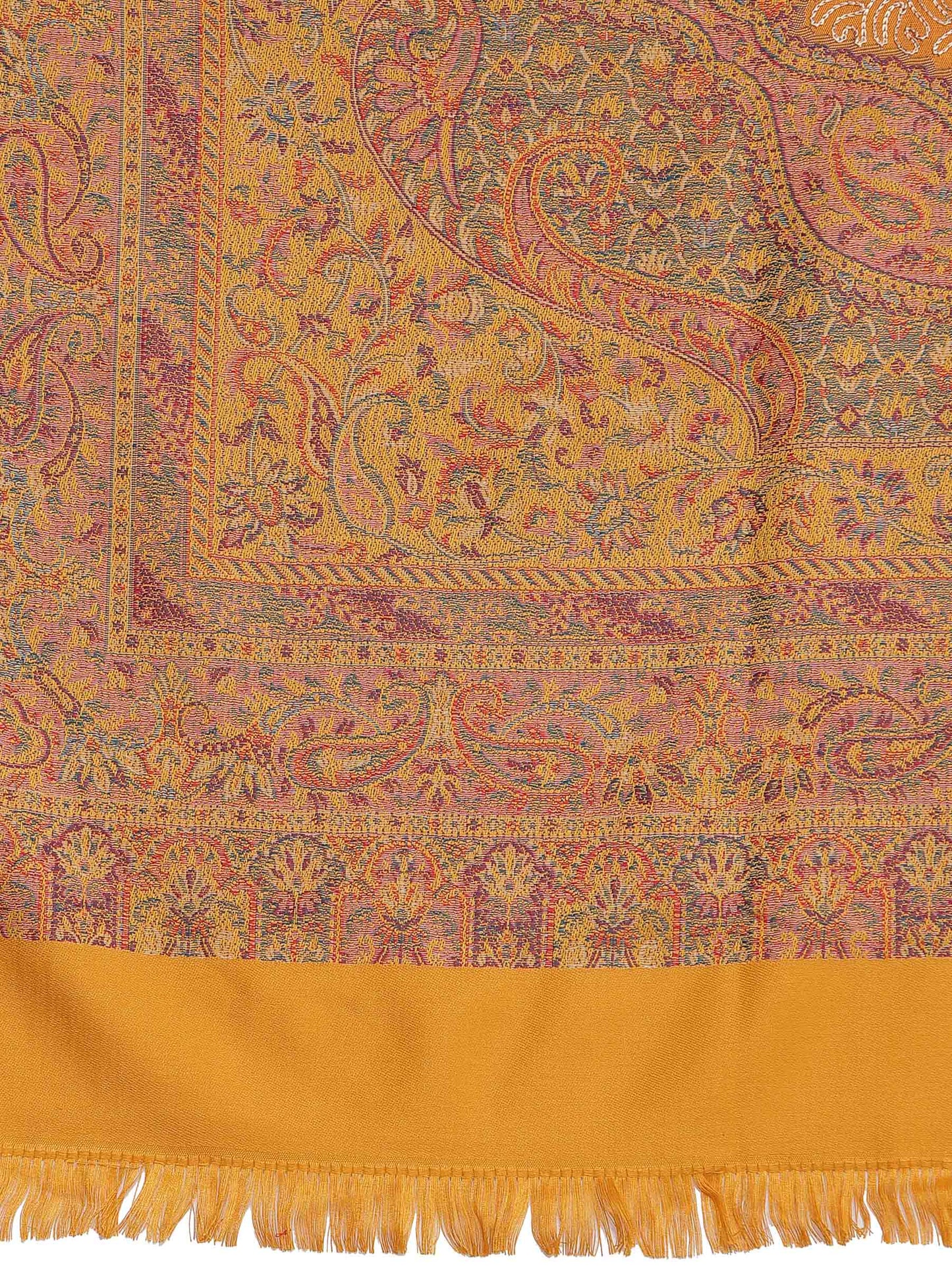 Pashtush India 100x200 Pashtush Womens Jamawar Shawl with Hand Aari Embroidery, Silky Threadwork - Soft Faux Mustard