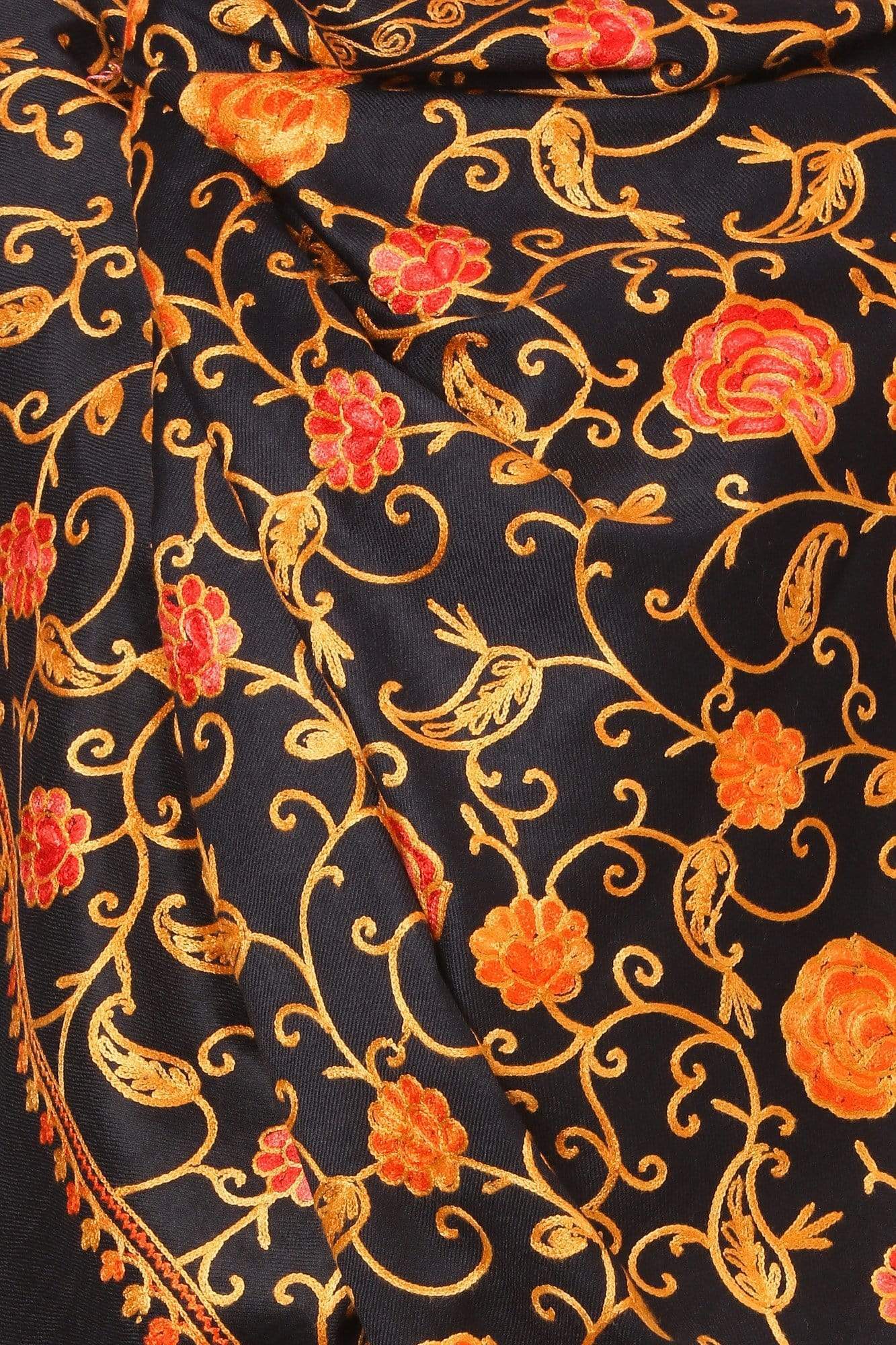 Pashtush India 70x200 Pashtush Womens Kashmiri Aari Embroidery Stole, Fine Wool, Navy Blue