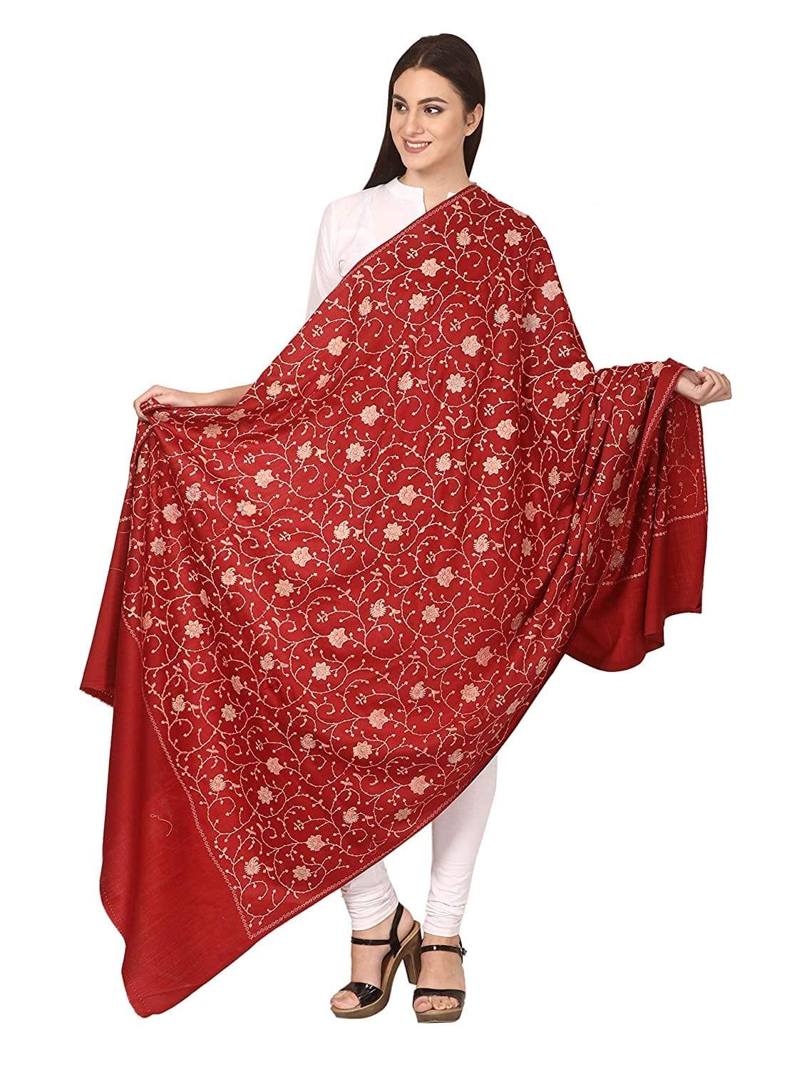 Pashtush India Shawl Pashtush Womens Kashmiri Embroidery Jaal, Fine Wool, Maroon
