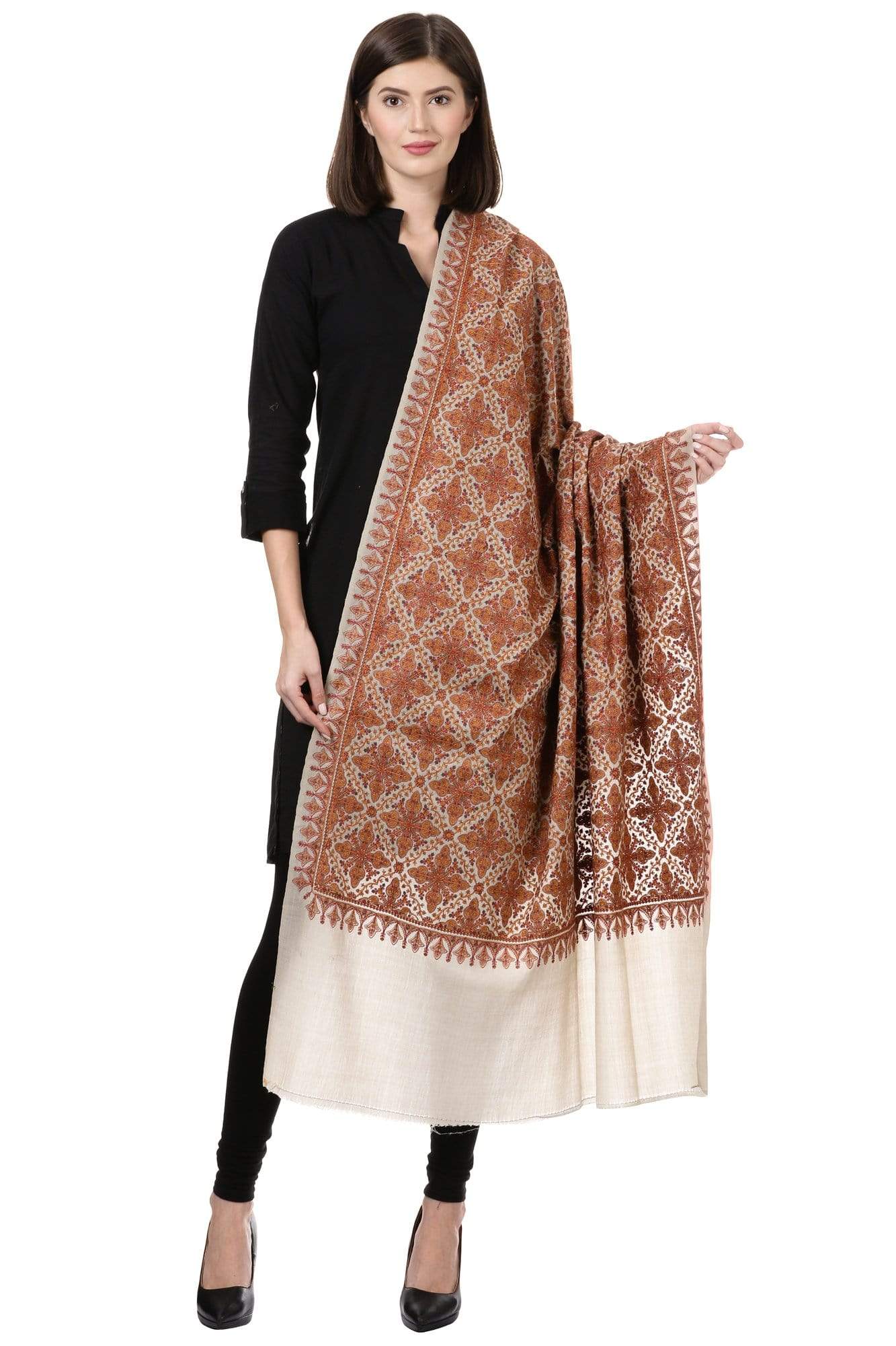 Pashtush India 100x200 Pashtush Womens Kashmiri Embroidery Shawl, Sozni Embroidery, Intricate Needlework