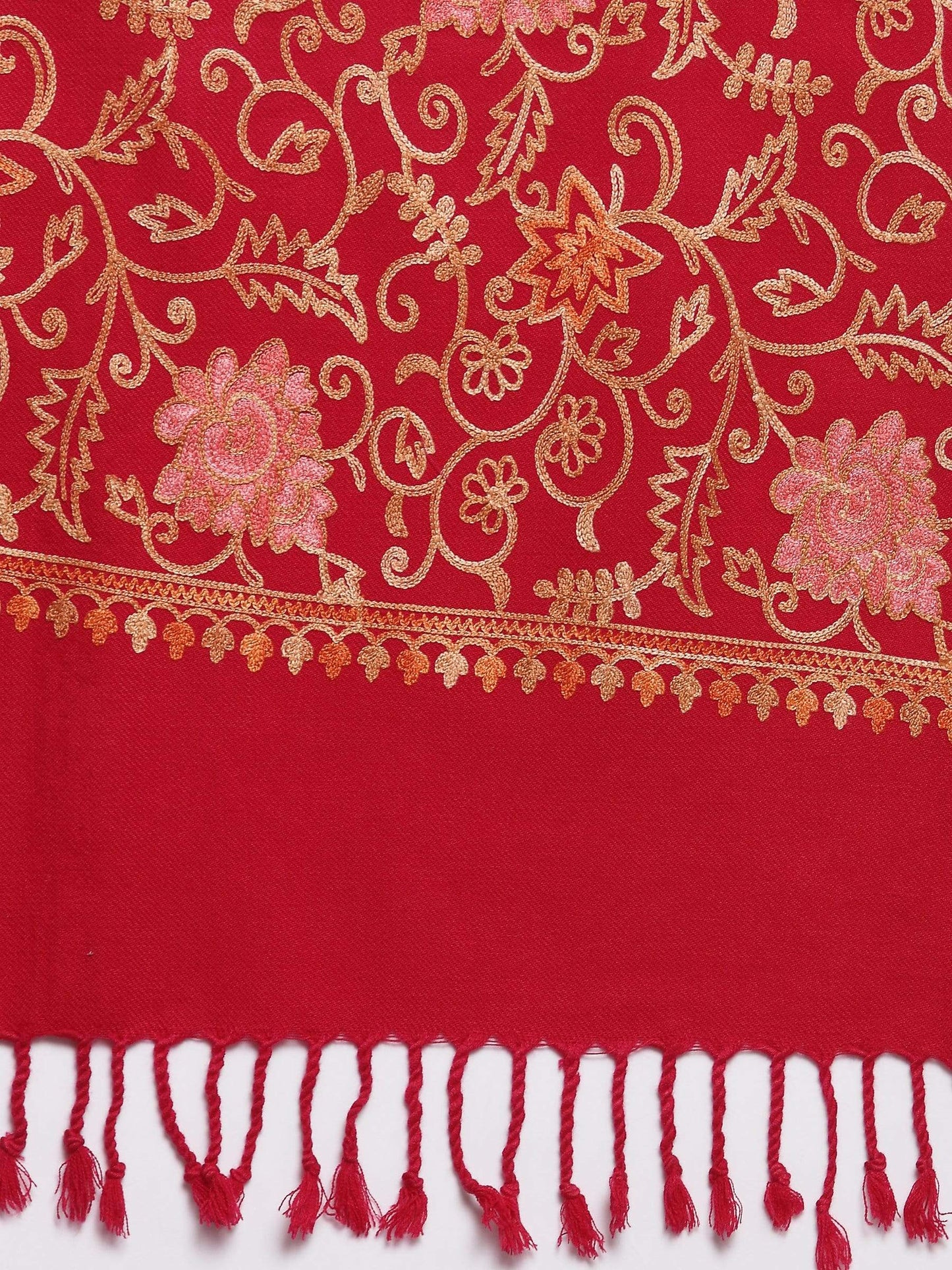Pashtush India 70x200 Pashtush Womens Kashmiri Embroidery Stole, Aari Work, Fine Wool, Red
