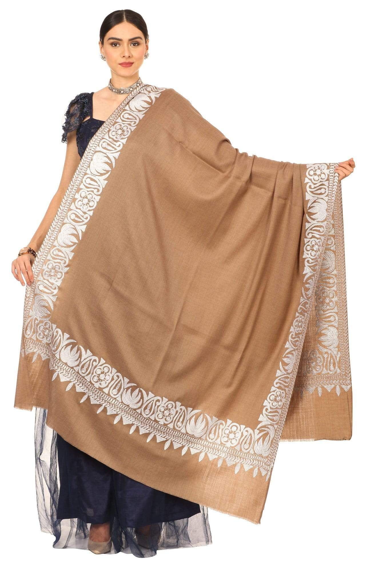 Pashtush India Shawl Pashtush Womens Kashmiri Hand Embroidery Shawl, Border Design With Tilla Zari Work - Beige